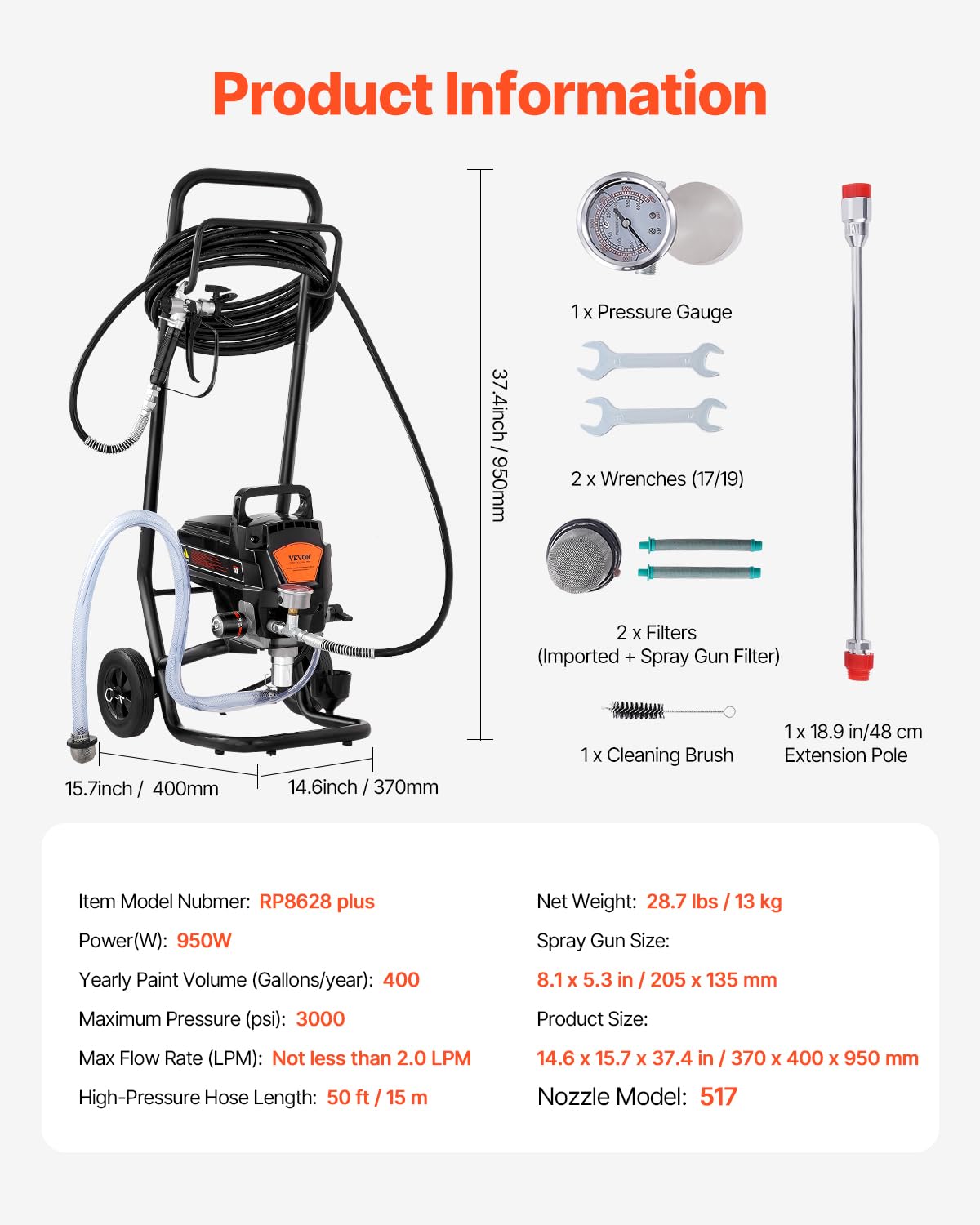 VEVOR Stand Airless Paint Sprayer with Cart, 950W 3000PSI High Efficiency Electric Airless Sprayer, Fine and Even Painting Effect, Paint Sprayers for Home Interior and Exterior Furniture and Fences