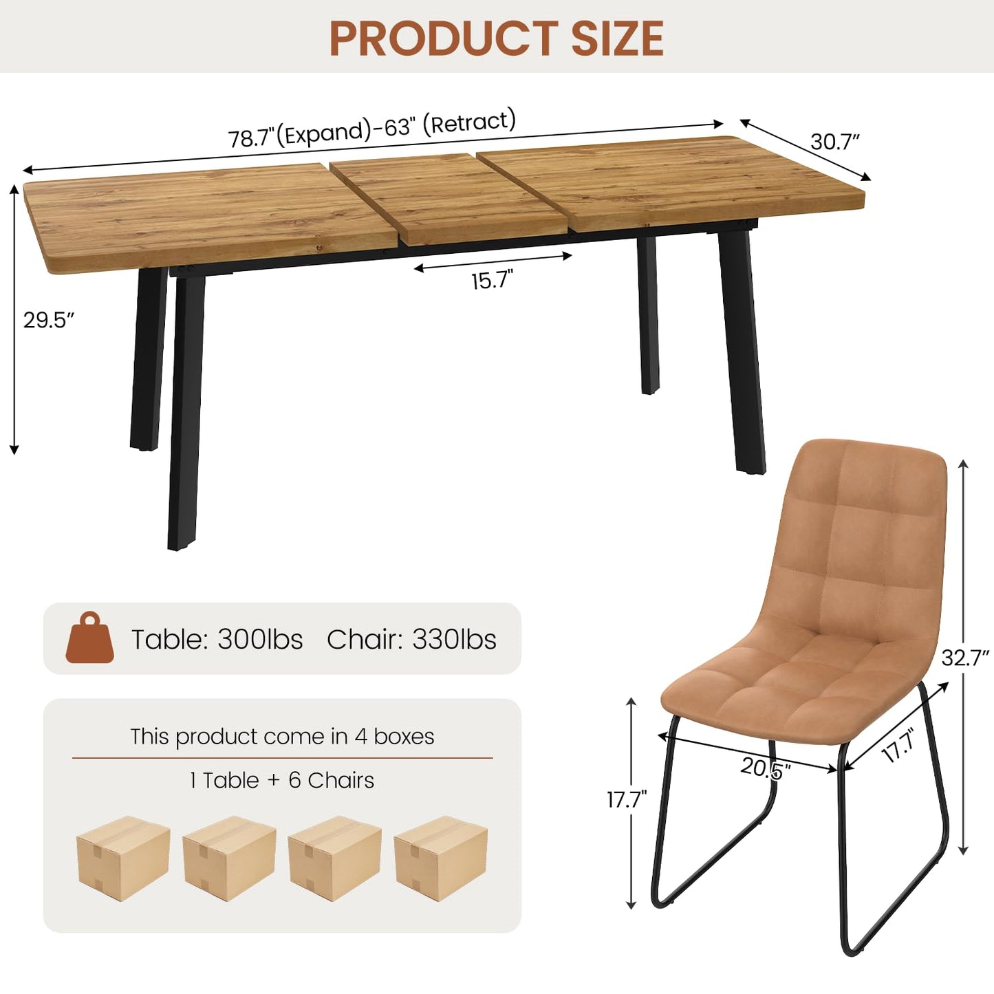 Extendable Dining Table Set for 6 to 8 People, 63" to 78.7" Modern Kitchen Table Set with 6 Chairs, MDF Dining Room Table and Chairs with Removable Extension Leaf (Walnut Table+U-Shaped Brown Chairs)