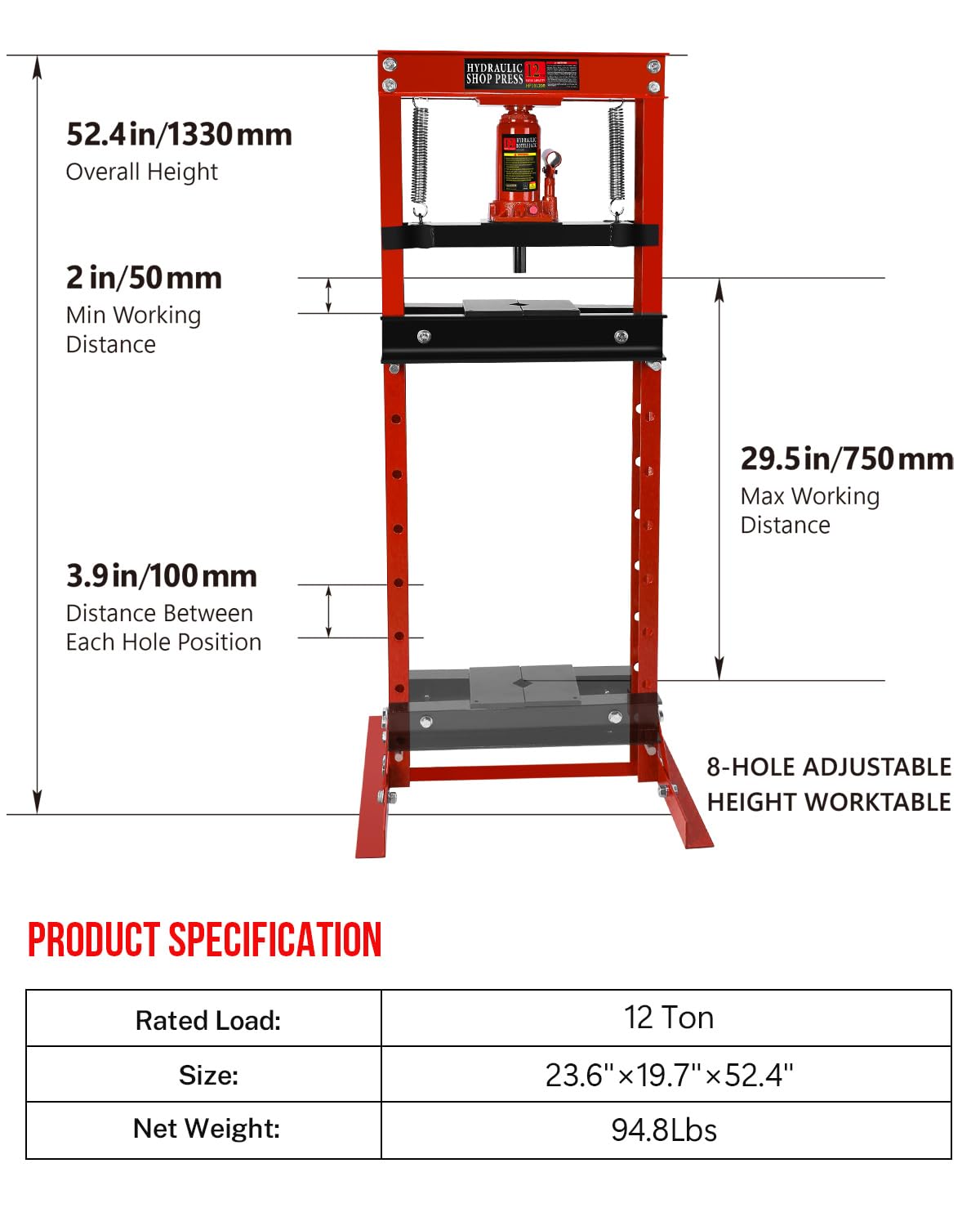 Hydraulic Press, 12 Ton H-Frame Garage Floor Adjustable Shop Press with Stamping Plates to Bend, Straighten, Or Press Parts, Install Bearings & U-Joints