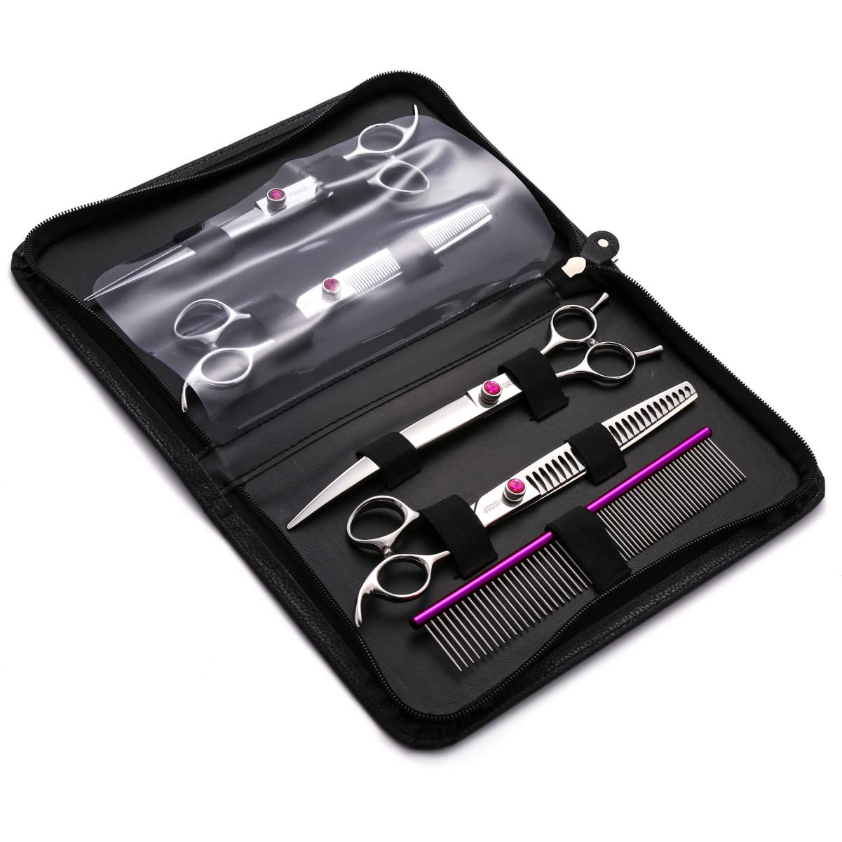 FOGOSP Dog Grooming Scissors Kit 7 in Professional Curved Thinning Straight Chunkers Shears and Comb 5pcs Set for Grooming Dogs Cat Pet Japanese 440C Stainless Steel(7.0'',Kit)