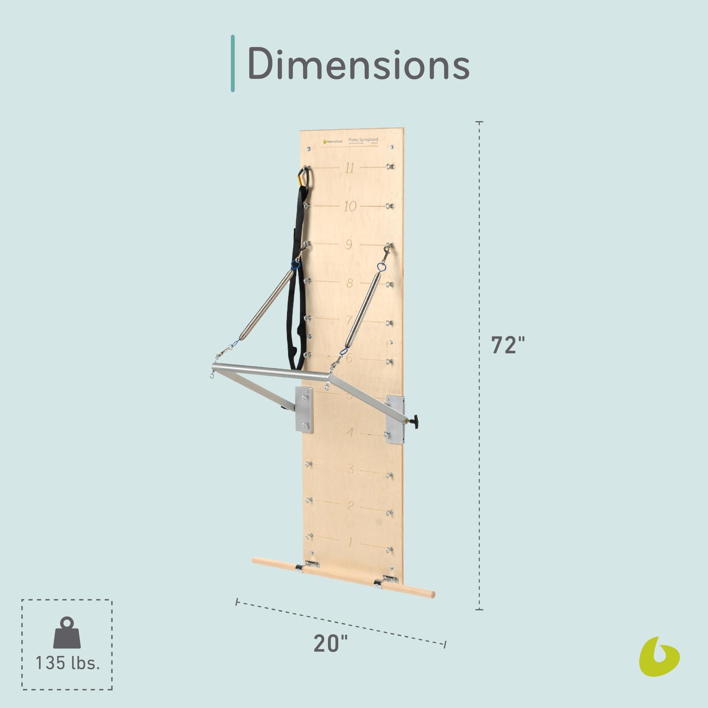 Balanced Body Pilates Springboard and Push-Through Bar, Wall-Mounted Pilates Workout Equipment for Home Gym or Studio Use, Pilates Exercise Equipment with Light Resistance Springs
