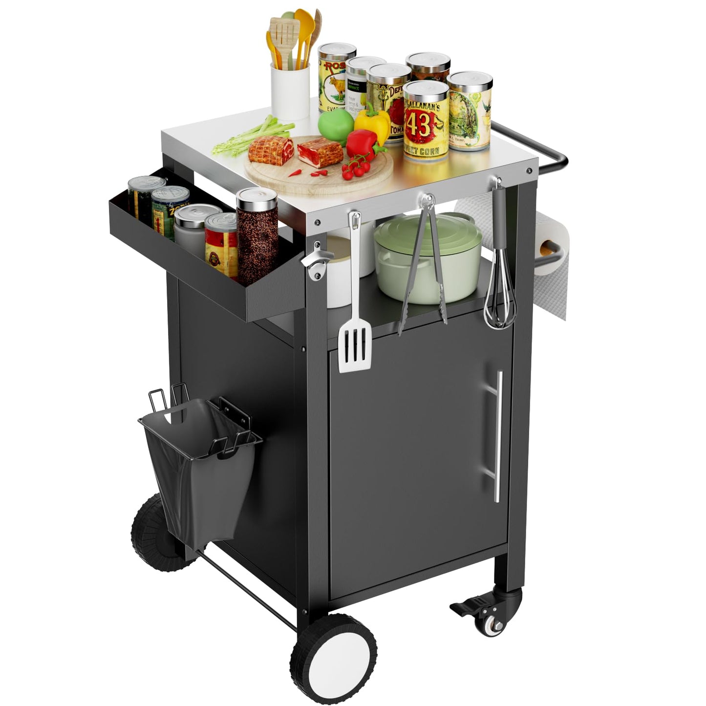Outdoor Rolling Bar Cart Grill Cart, Outdoor Serving Carts Grill Table Storage Cabinet, Rolling Bar Cart Outdoor BBQ Cart with Hooks and Spice Rack for Grilling Accessories, Black (1 Door)