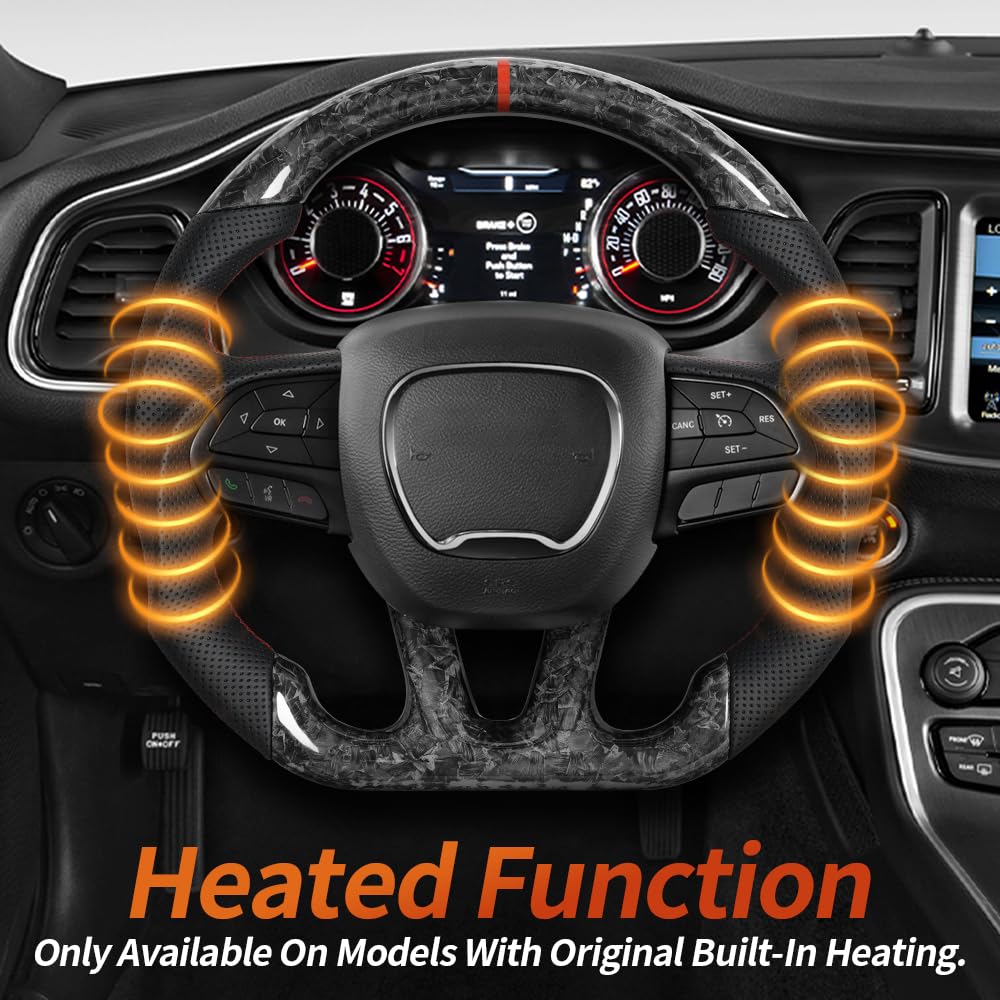JIANGGAI D-shaped Flat-bottom Steering Wheel with Heated, Preforated Leather Grip Forged Carbon Fiber Steering Wheel Compatible with Dodge Challenger/Charger 2015-2024