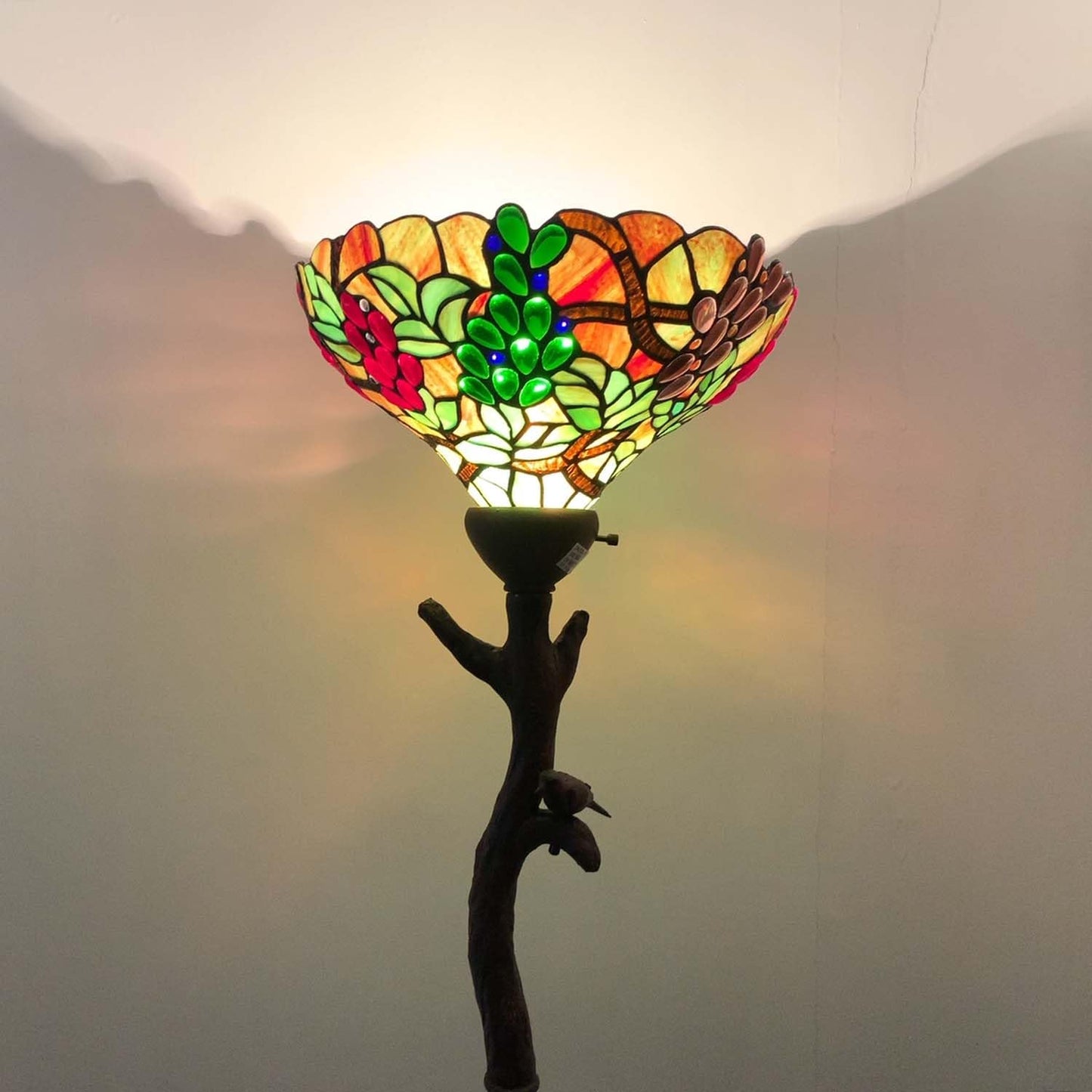 Bieye L10768 Grape Tiffany Style Stained Glass Torchiere Floor Lamp with 14 inches Lampshade, Bird on Branch Base, 70.5 inches Tall