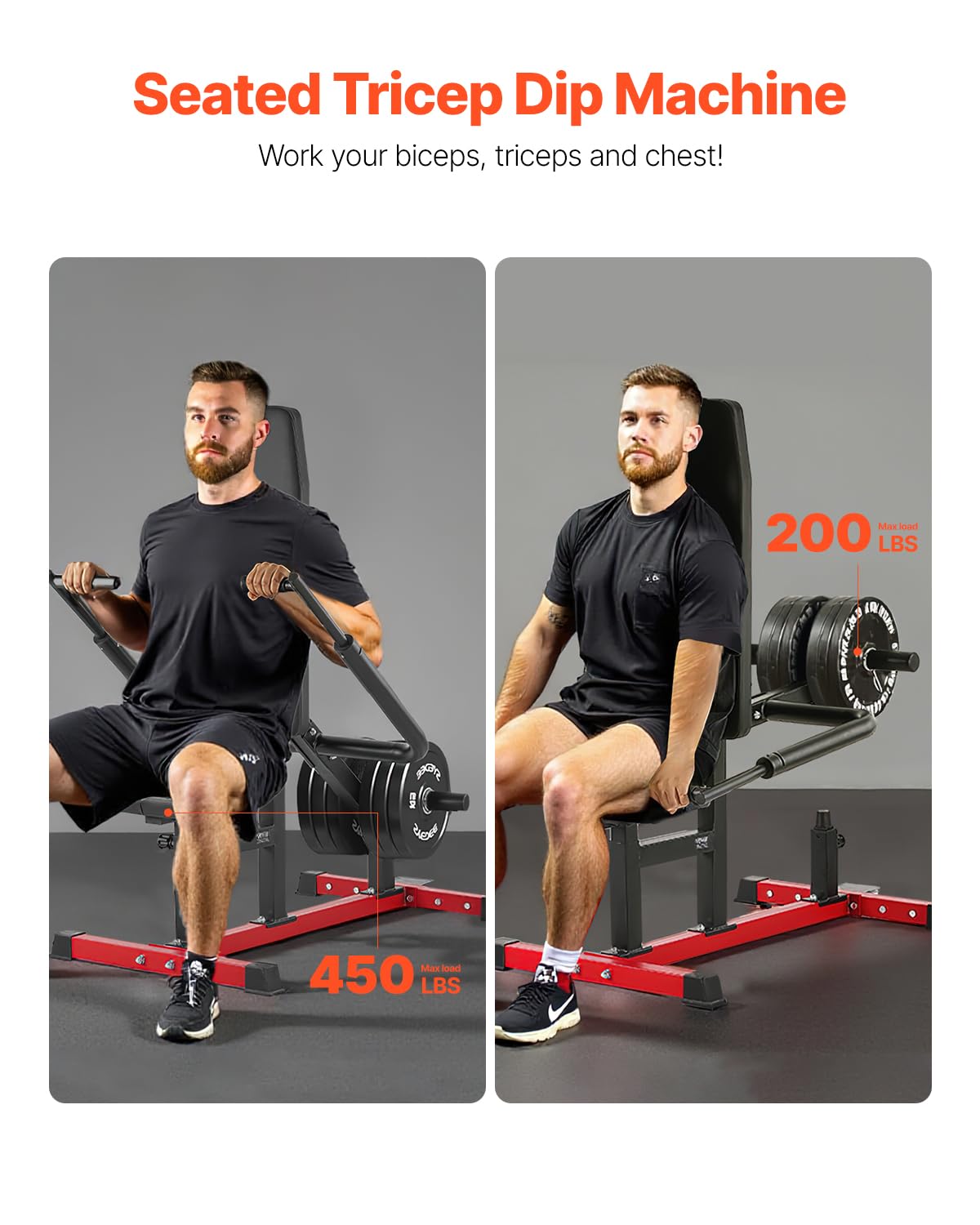 VEVOR Seated Dip Machine, Tricep Bicep Press Down Machine with Cable Bar, Adjustable Seat, and Backrest, Exercise Equipment for Chest Training, Upper Body Push Fitness Workout, Hold up to 450LBS