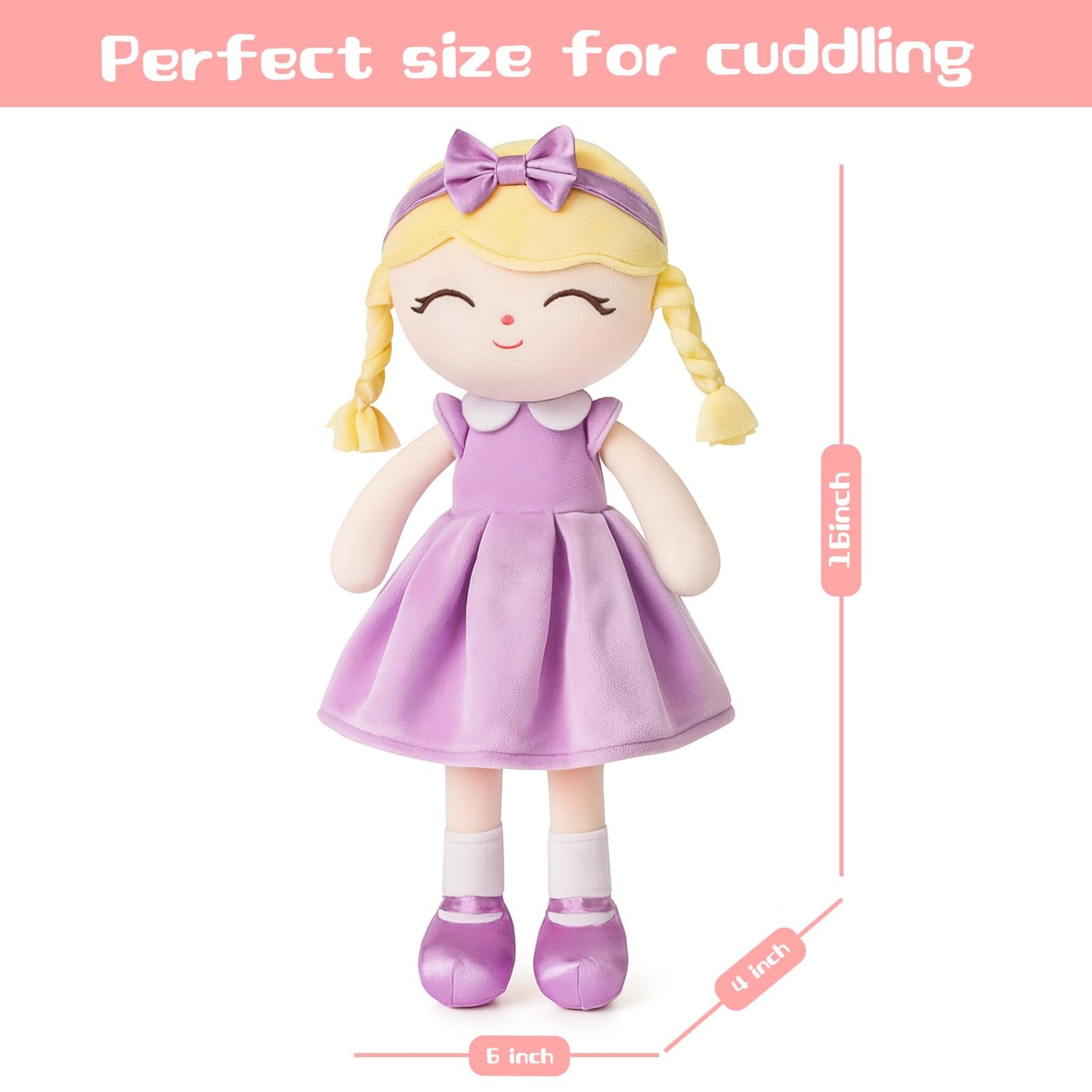 Jumbrace Soft Baby Doll Toys 16inch, Baby Rag Doll for One Year Old Girl Birthday Gift,Princess Style Plush Toys for Toddler Kids Infants (Purple)