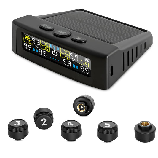 RV Tire Pressure Monitoring System, TPMS Tire Pressure Monitor System with Solar Charge or USB, TPMS with 6 Sensors Trailer Tire Pressure Monitoring System Real-Time Display Tire Pressure Monitor