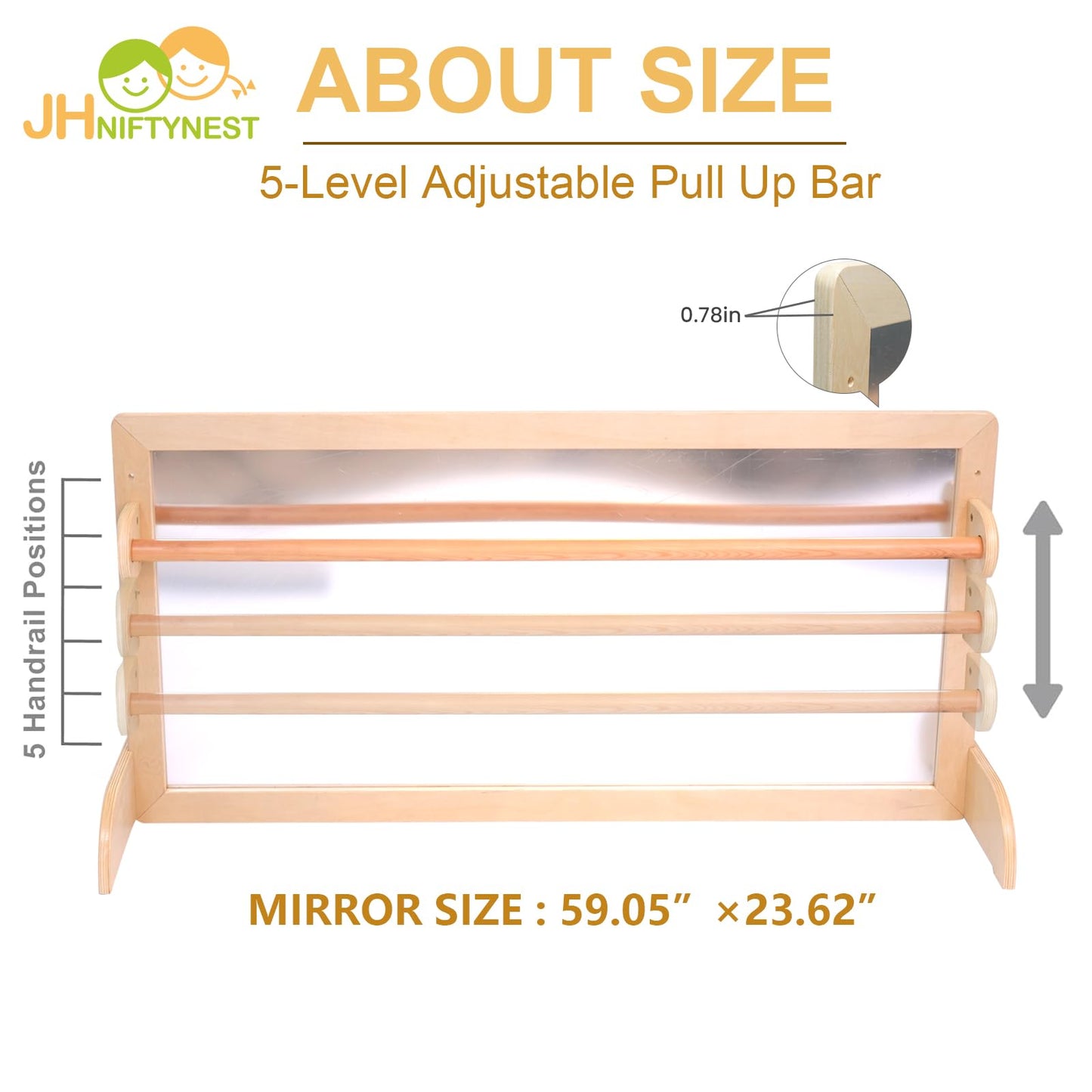 JHNIFTYNEST Infant Coordination Mirror Montessori Safety Pull up Bar Baby MirrorAcrylic Non-Glass Early Learning to Walk Mirror Upgrade Dual-Use with Base for Lengthened Version Hanging Toys 59.05”