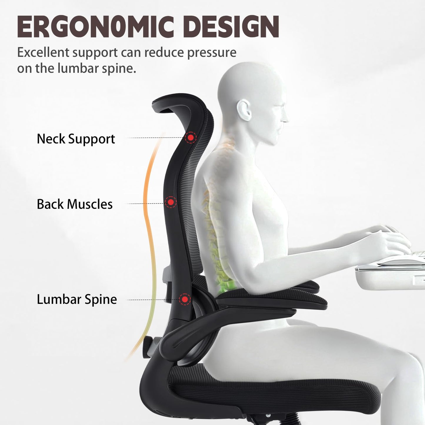 Ergonomic Office Chair, High Back Breathable Mesh Computer Desk Chair with Adjustable Lumbar Support and Flip-Up Armrests, 300LB Capacity Executive Swivel Task Gaming Seat for Home and Office (Black)