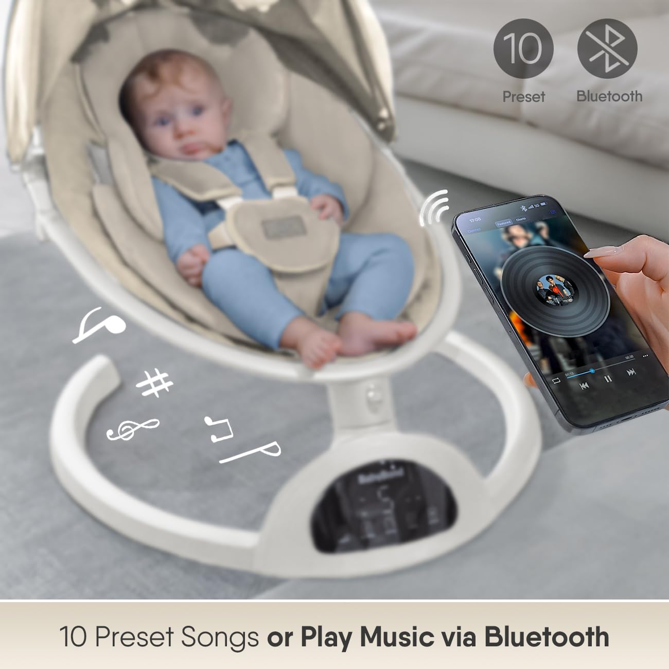 BabyBond Baby Swings for Infants, Bluetooth Infant Swing with Music Speaker, 3 Seat Positions, 5 Point Harness Belt, 5 Speeds and Remote Control - Portable Baby Swing for Indoor and Outdoor (Beige)