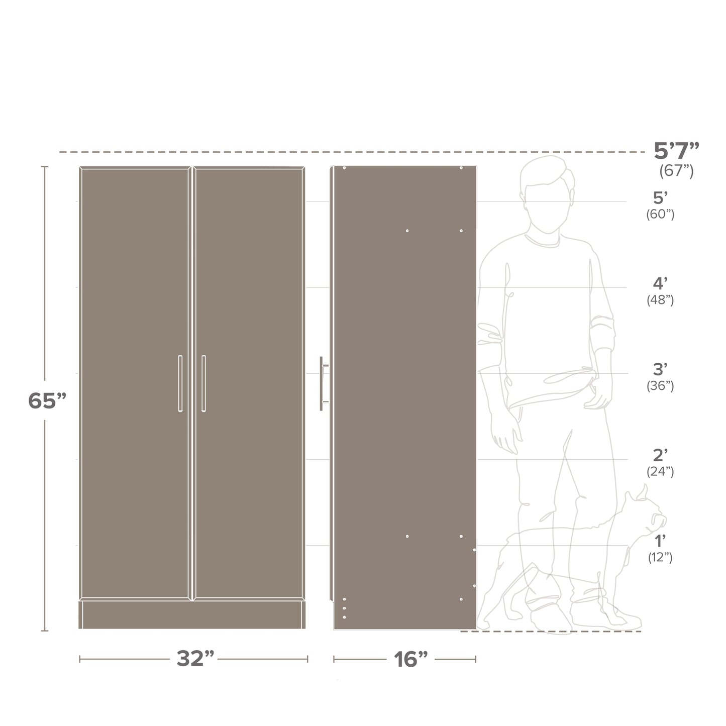 Prepac Elite Tall Garage Storage Cabinet & Pantry Storage Cupboard, 2-Door Freestanding Bathroom or Pantry Cabinet with Adjustable Shelves, 16" D x 32" W x 65" H, Light Gray