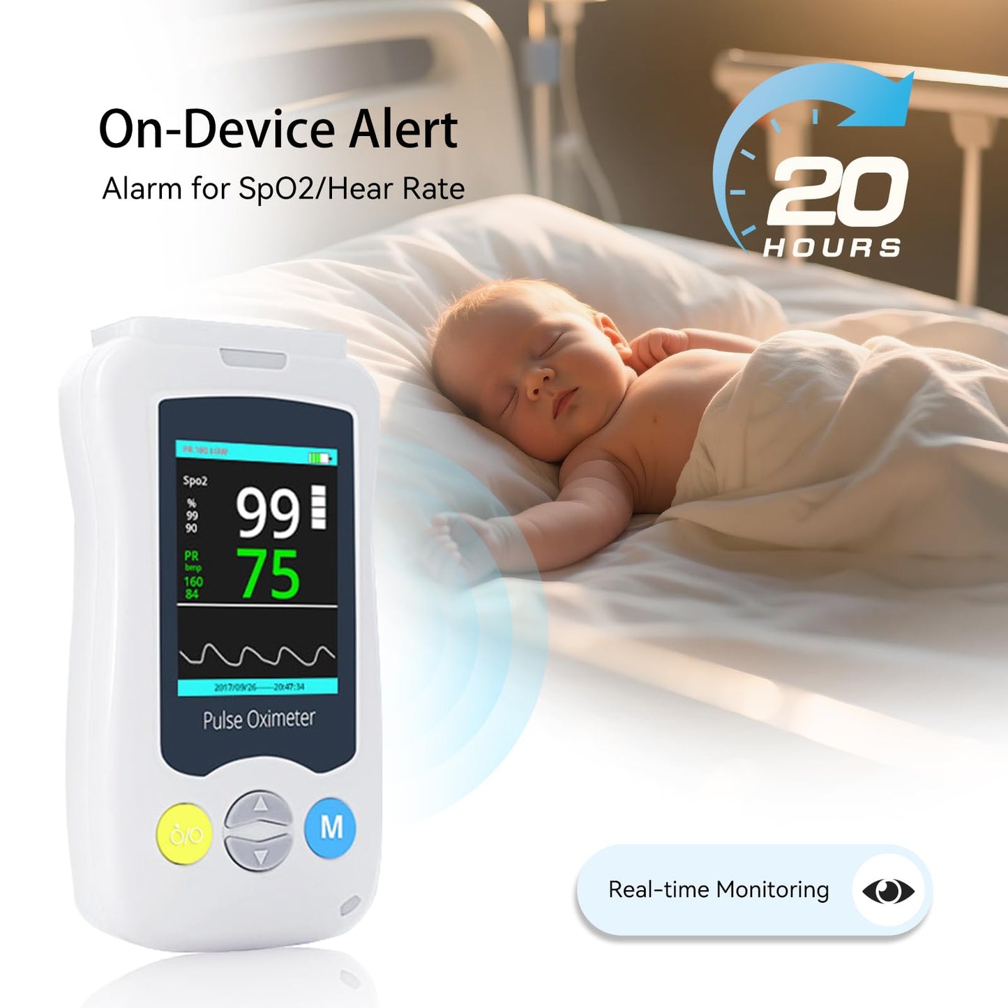 Continuous Pulse Oximeter Fingertip, Medical Grade Accuracy Pulse Oximeters for Baby Fast Reading for SpO2 and Pulse Rate Overnight Monitoring Infant Handheld Blood Oxygen Saturation Monitor for Adults and Kids