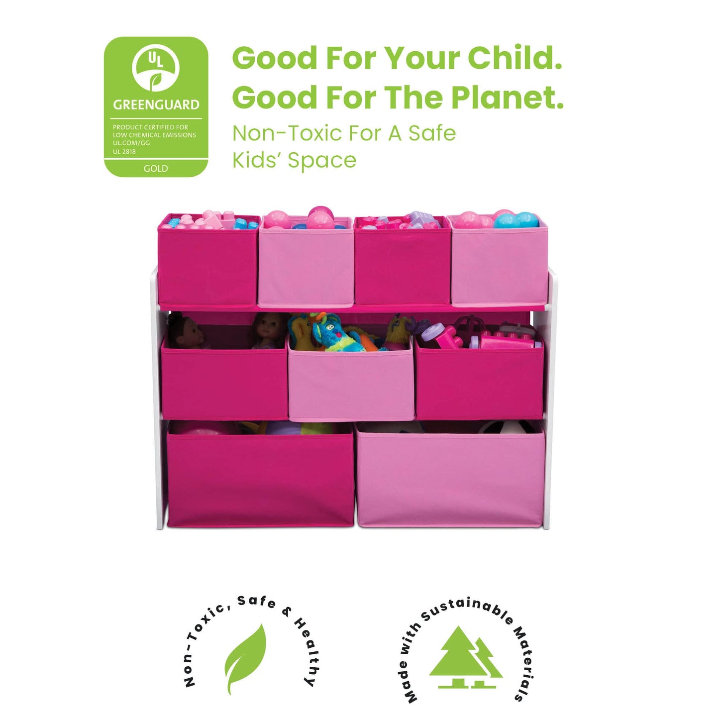 Delta Children Deluxe Multi-Bin Toy Organizer with Storage Bins, White/Pink Bins