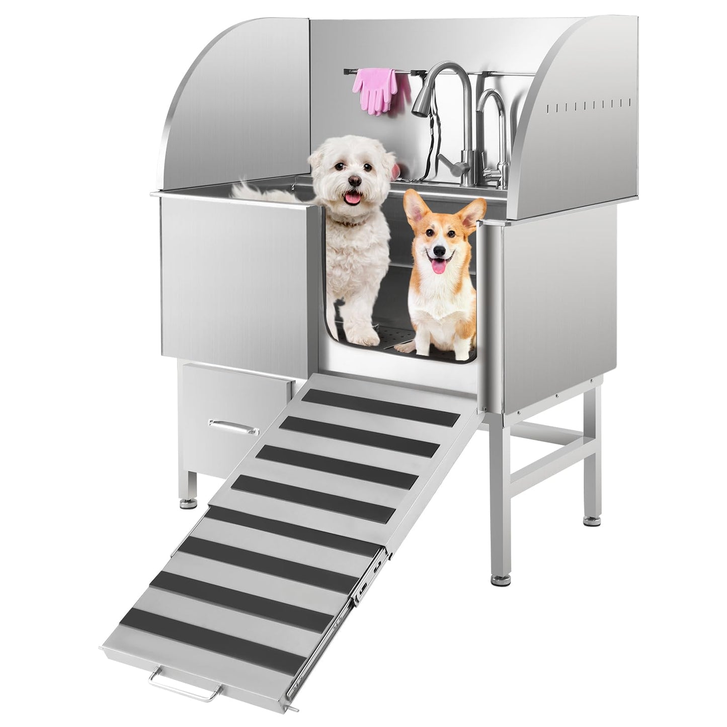 IDEALHOUSE 50" Dog Washing Station, Professional Stainless Steel Pet Dog Bathing Station with Ramp, Faucet, Storage Drawer, Floor Grate Dog Bathtub for Large, Medium, Small Pets (Right Ramp)