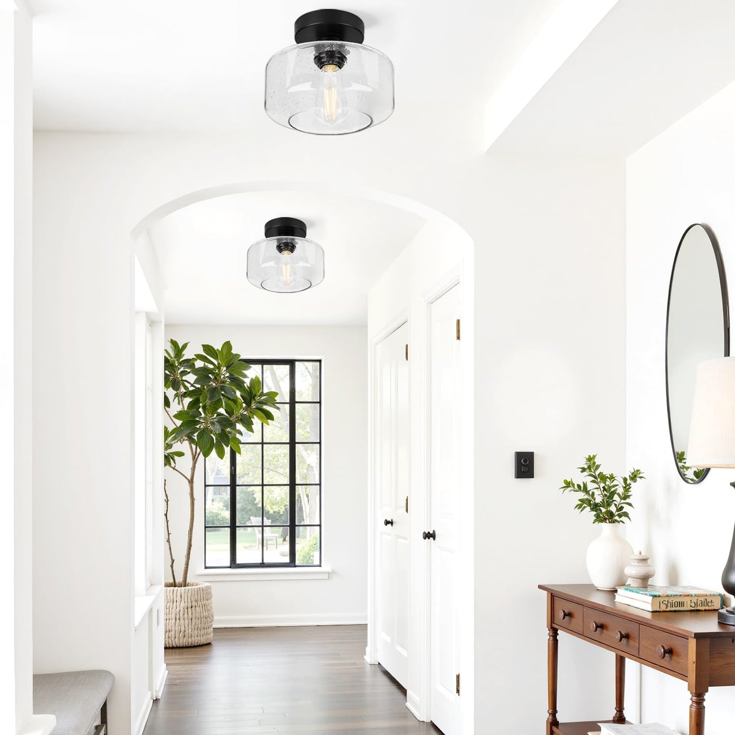 Industrial Semi Flush Mount Ceiling Light, 800 Lumen LED Bulb Included, Seeded Glass Shade Farmhouse Light Fixture for Hallway Corridor Kitchen Bathroom Bedroom Passway