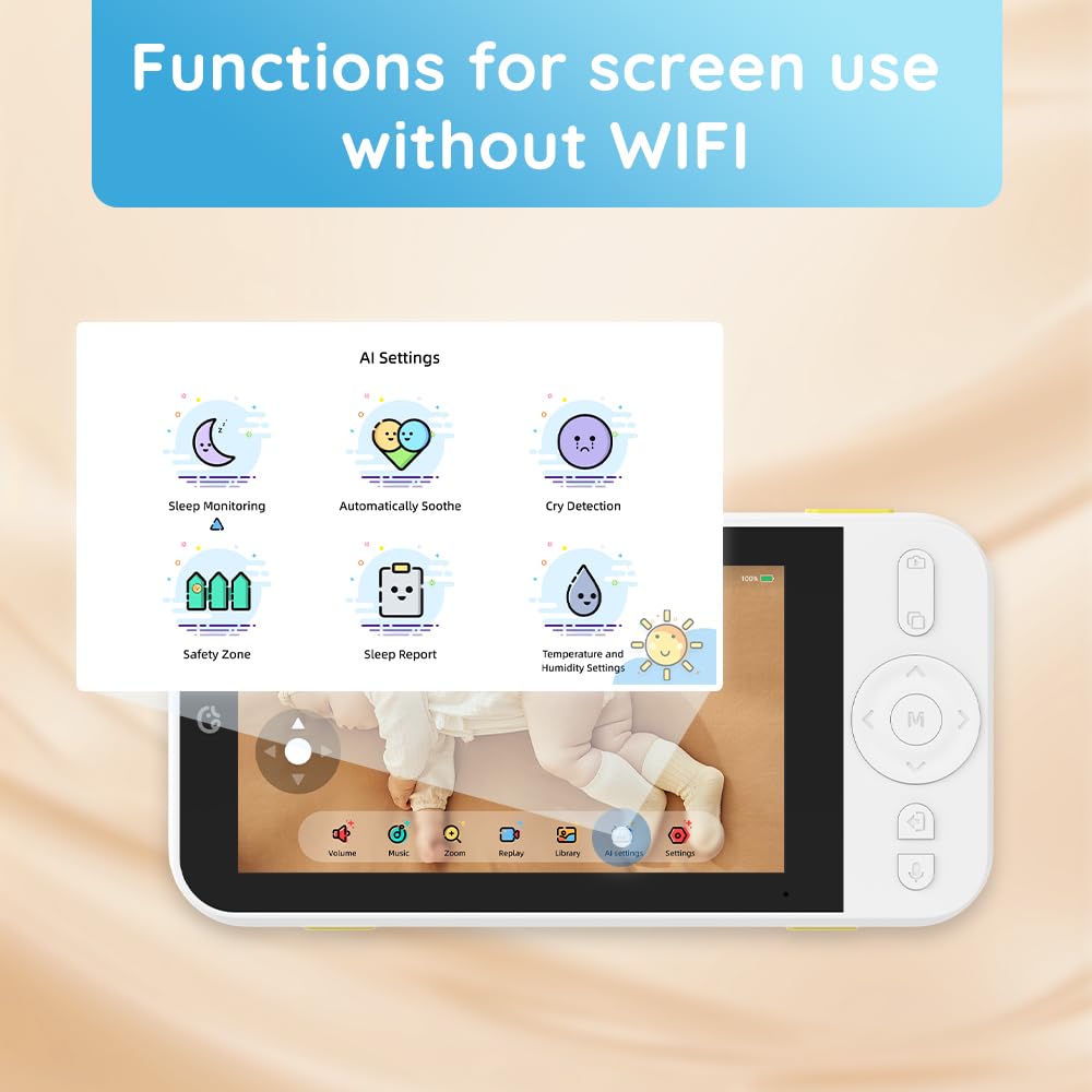 Ellie Baby Pro 5" No WiFi or WiFi Monitor with Camera and Audio, Face Cover Alert, Night Vision, 2-Way Audio, Pan-Tilt-Zoom