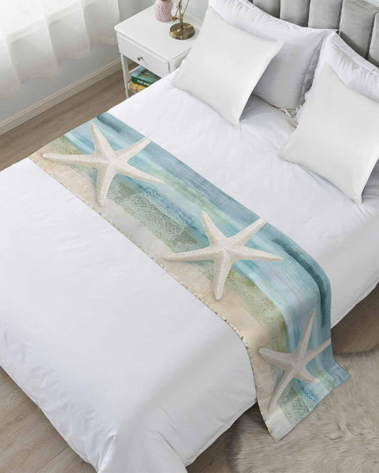 Ldtrchee Bed Runner for Queen Size, Coastal Beach Decorative Scarf Throws for Foot of Bed, Summer Retro Starfish Wave Luxury Bedding Protector Slipcover Beds Runners for Hotel/Home, 83 x 20 Inch