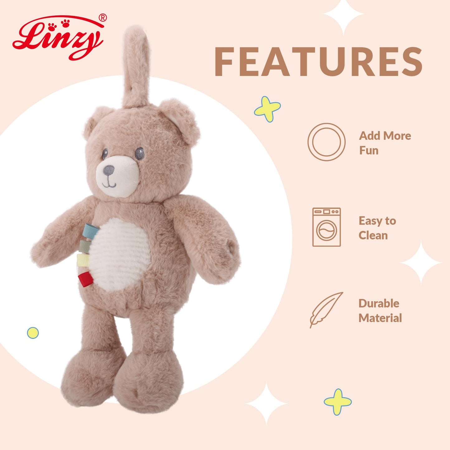 Linzy 10" Light-Up Baby Stroller Toy – Musical Bear Baby Soother, Soft Teddy Bear Plush Stuffed Animal with LED Night Light & Lullaby Music, Birthday Christmas for Newborns Toddlers Kids