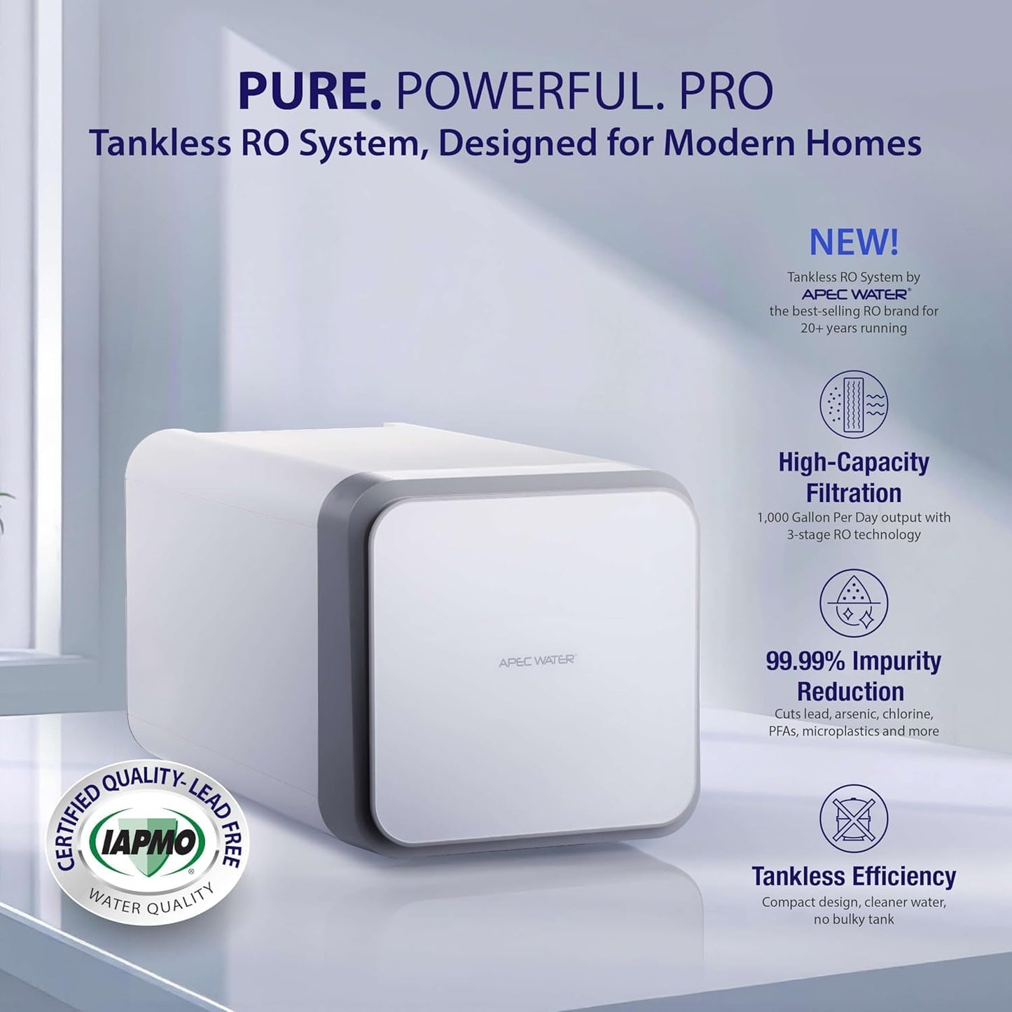 APEC Tankless Reverse Osmosis System, NSF 372 & 58 Certified 3 Stage Water Filtration Bottled Water Quality, High 1K GPD Faucet Flow, Efficient 2:1 Pure to Drain, Space Saving Design