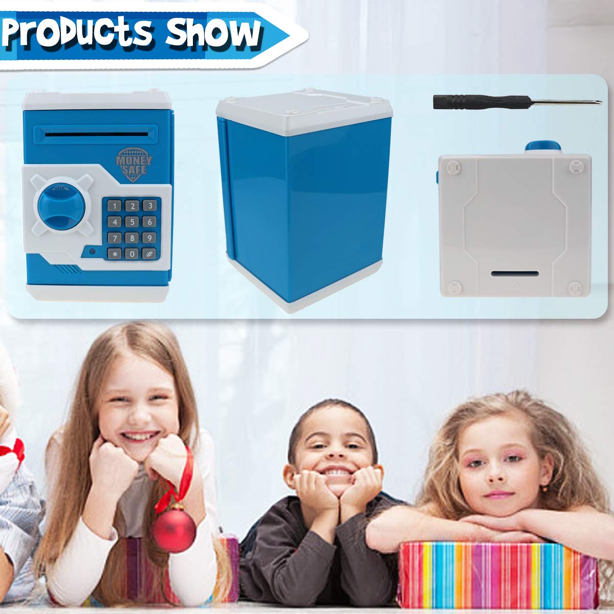 Yoego Kids Money Bank, Electronic Piggy Banks, Great Gift Toy for Kids Children, Auto Scroll Paper Money Saving Box Password Coin Bank,Perfect Toy Gifts for Boys Girls (Blue White)