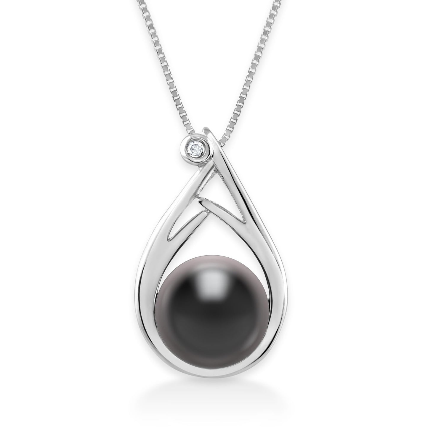Belacqua Tahitian Black Pearl Diamond Pendant and Drop Dangle Earring Set in Sterling Silver, 18"
