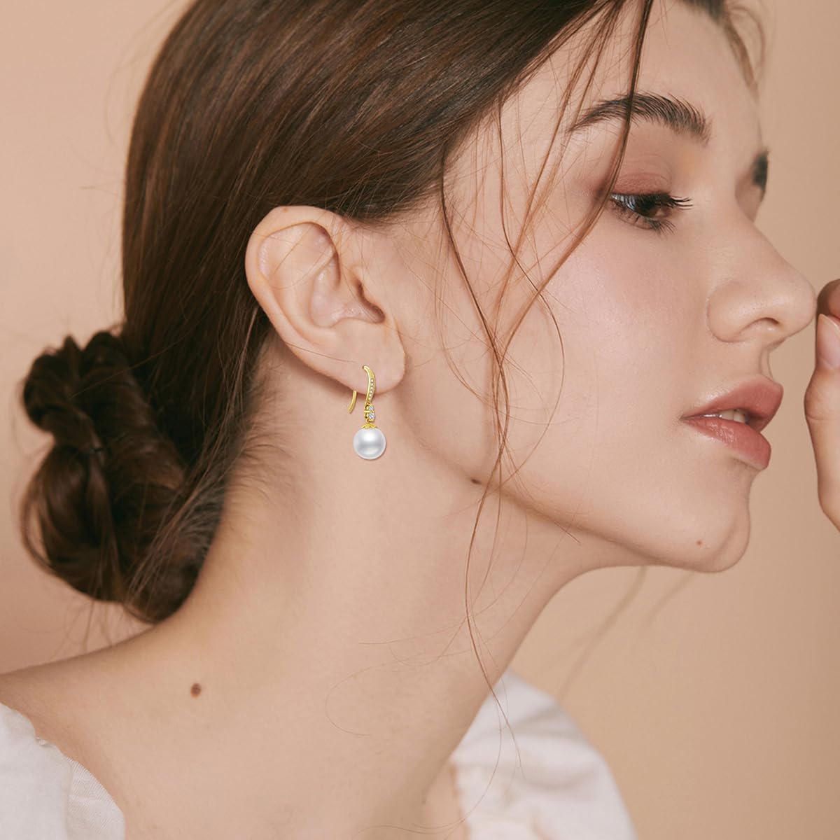 10k Gold Diamond Pearl Necklace and Dangle Earrings for Women, 10kt Gold Jewelry Set for Her