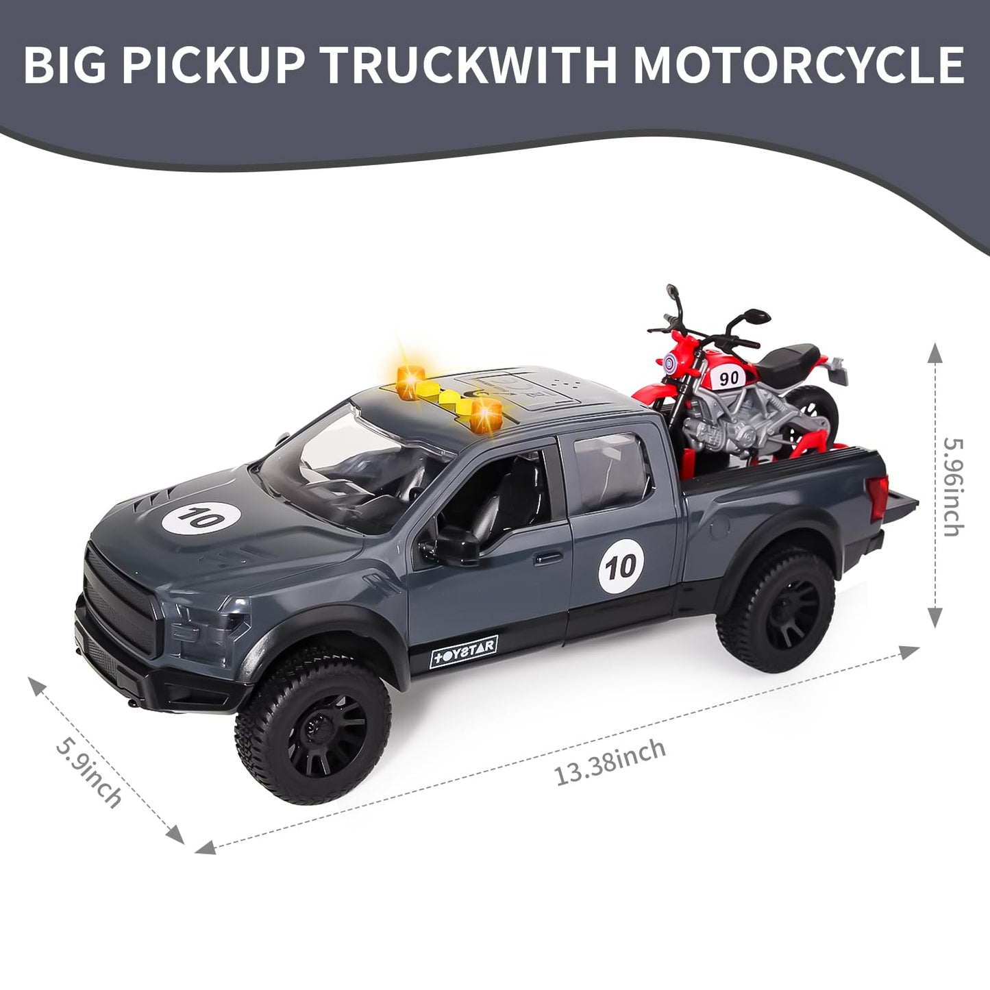 Pickup Truck Toy with Motorcycle, Featuring Lights and Sound Effects,Toy Car with Opening Doors, Toy Cars Gifts for 3+ Year Old Kids(Grey Pickup)