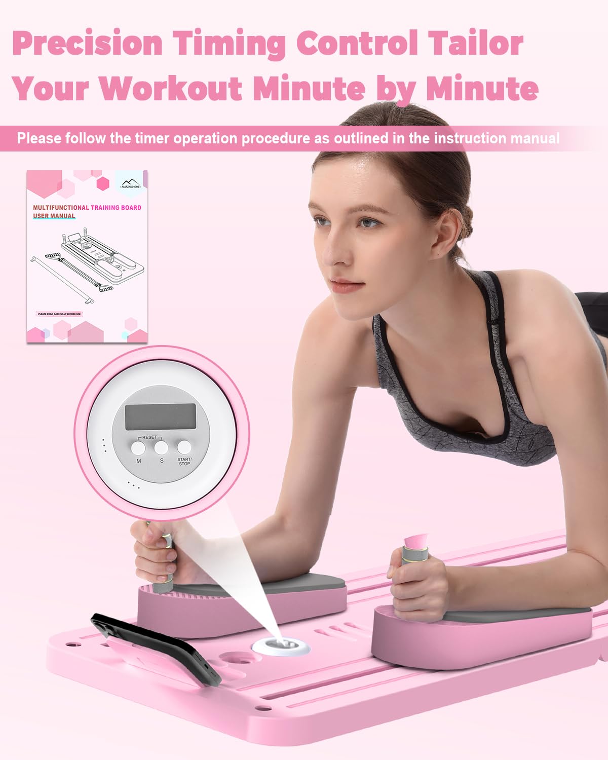 AMAZINGHOME Pro Foldable Pilates Board & Reformer Machine - Multifunctional Home Gym with Ergonomic Elbow Pads, Yoga Bar & Timer, 300lbs Capacity Core Workout Pilates Equipment (Pink)