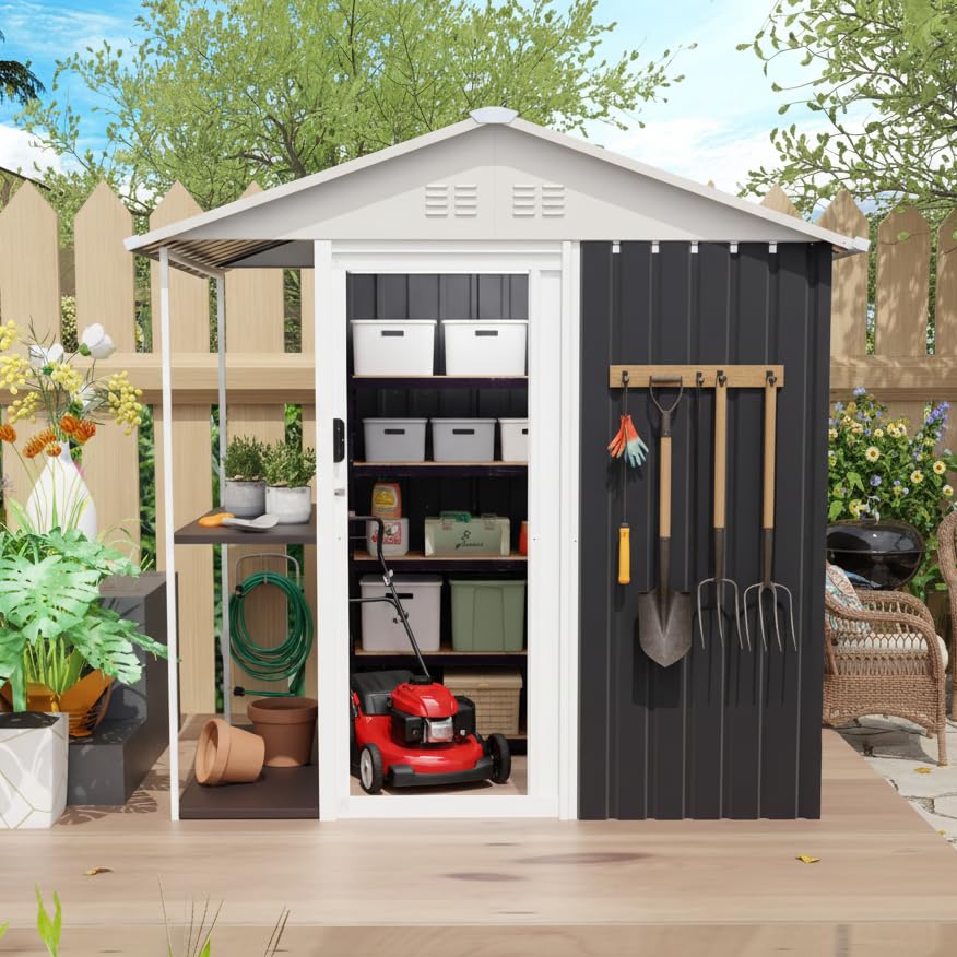 6 x 4 FT Outdoor Storage Shed, Metal Garden Shed with Storage Shelves and Vents, Tool Sheds for Patio Backyard Lawn, Bike Storage Shed, All Weather Use, Black