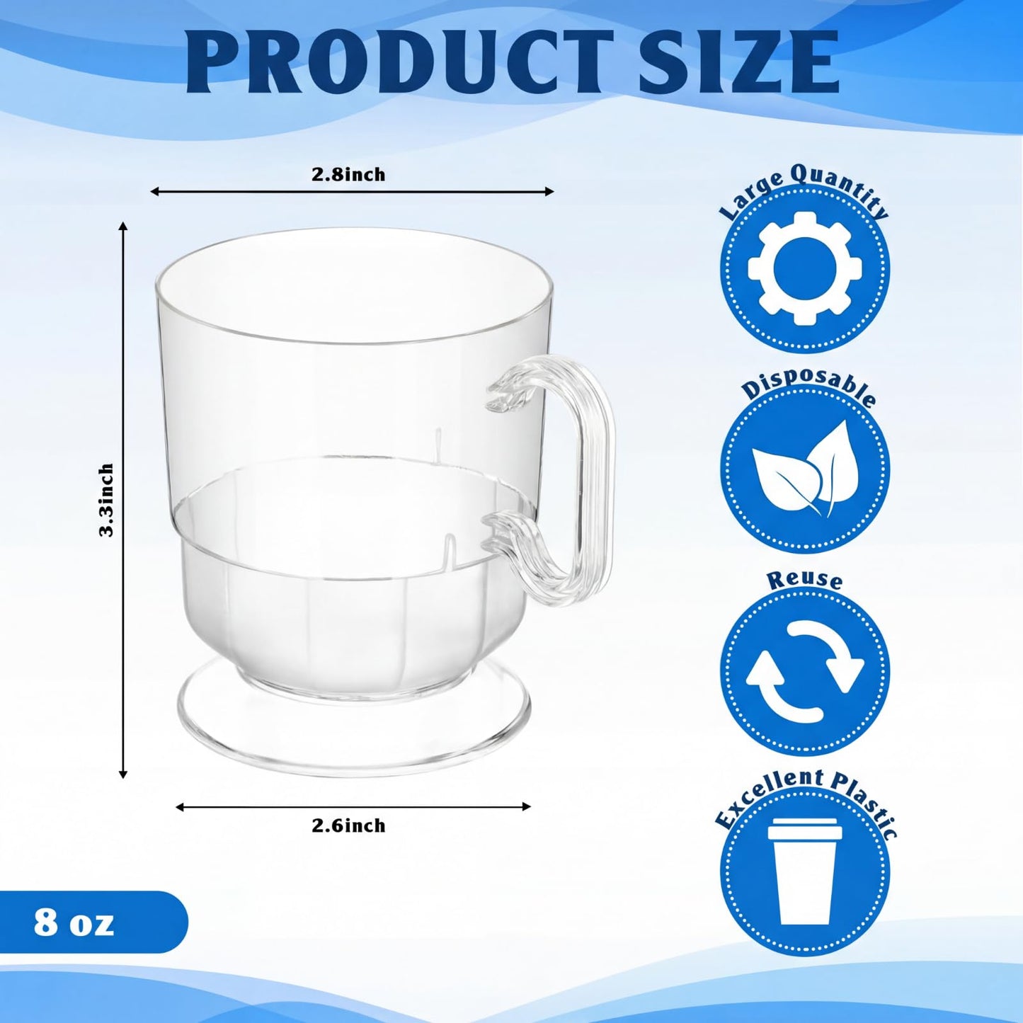 Dandat 200 Pcs Clear Hard Plastic Coffee Cup Tea Party Cup with Handle 8 oz Disposable Coffee Mug Bulk Reusable Espresso Mug for Tea Party School DIY Craft Birthday Dessert