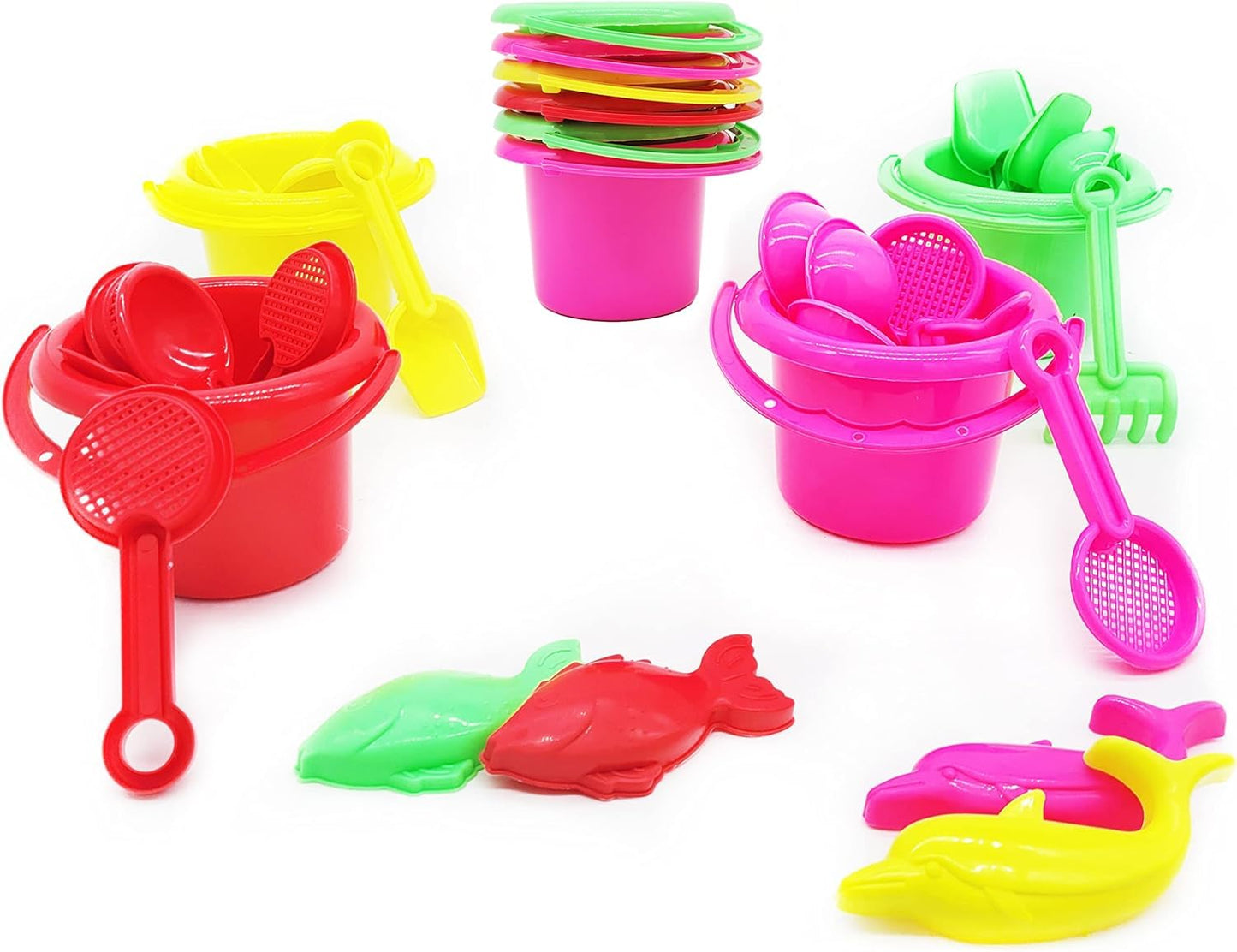 The Dreidel Company Mini Beach Day Playsets, 3.25" Sand Bucket Play Set Box Includes, Pail, Shovel, Rake, Sifter Scoop, Dolphin Fish Sand Trays Toy for Boys and Girls Birthday Party Favor (288-Pack)