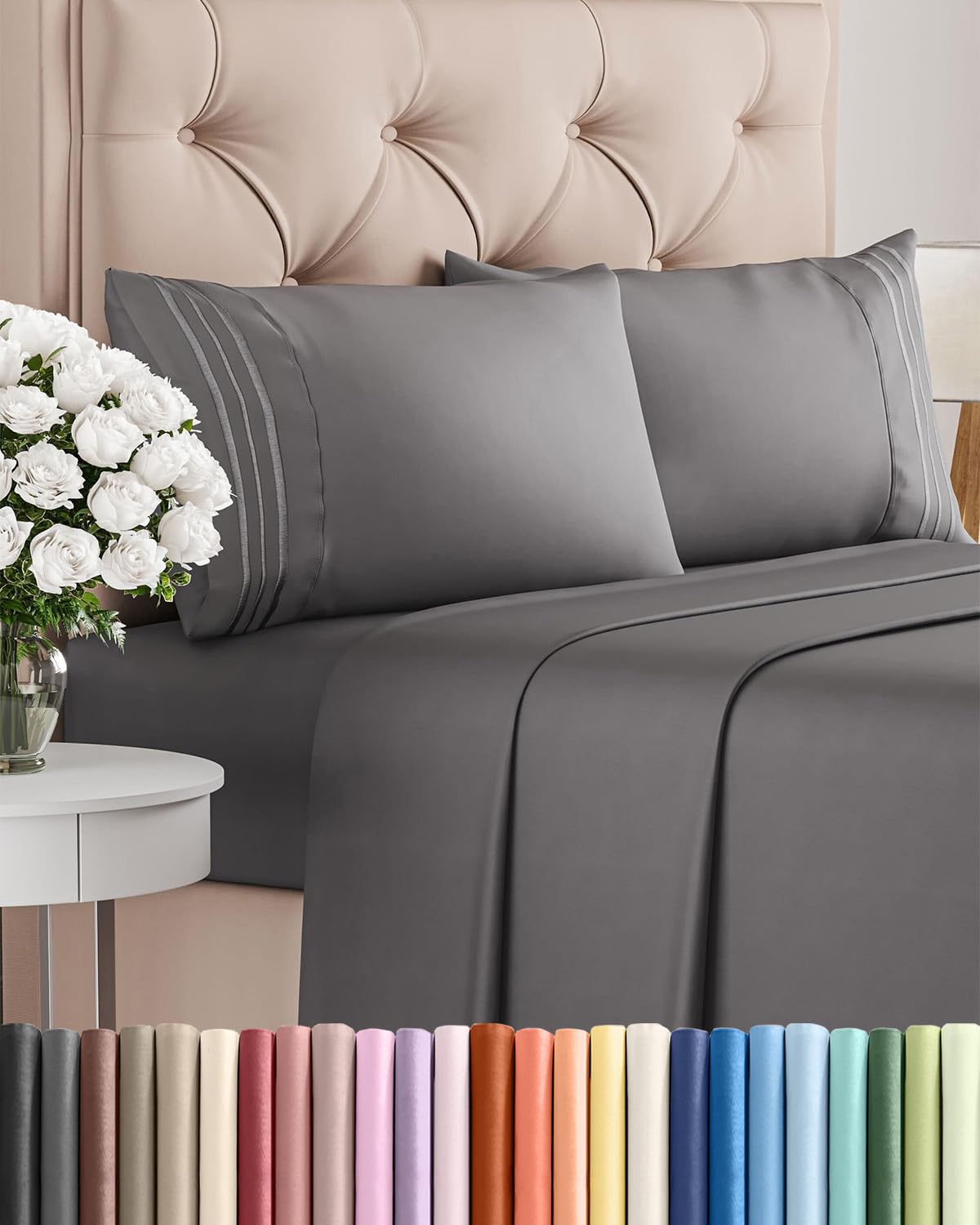 Queen Size 4 Piece Sheet Set - Comfy Breathable & Cooling Bed Sheets Set - Hotel Luxury Bedding for Women, Men, Kids, Teens, Boys & Girls - Deep Pockets, Soft and Wrinkle Free - Oeko-Tex - Dark Grey