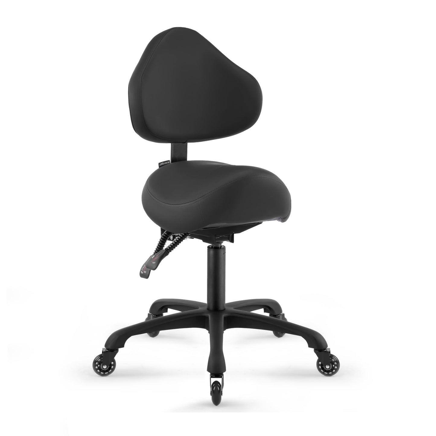 DR.LOMILOMI Pneumatic Swivel Rolling Saddle Chair with Wheels and Ergonomic Back Support for Hair Stylist, Dental Hygienist, Hygienic Clinic, Spa, Massage, Home, Office - 510 KOA (Black, Standard)