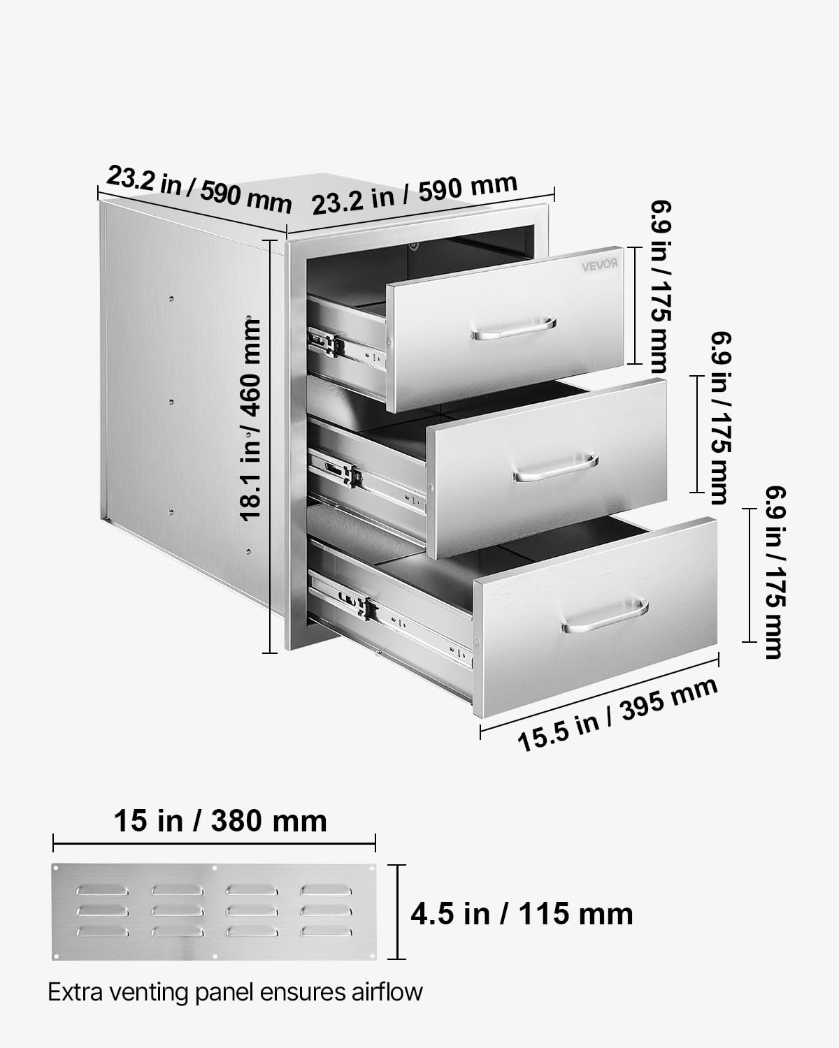 VEVOR Outdoor Kitchen Drawers 18.11" W x 23.23" D x 23.23" H, Triple-Access Stainless Steel Modular Drawer Cabinet with Handles, BBQ Island Drawer for Outdoor Kitchen or BBQ Island Patio Grill Station