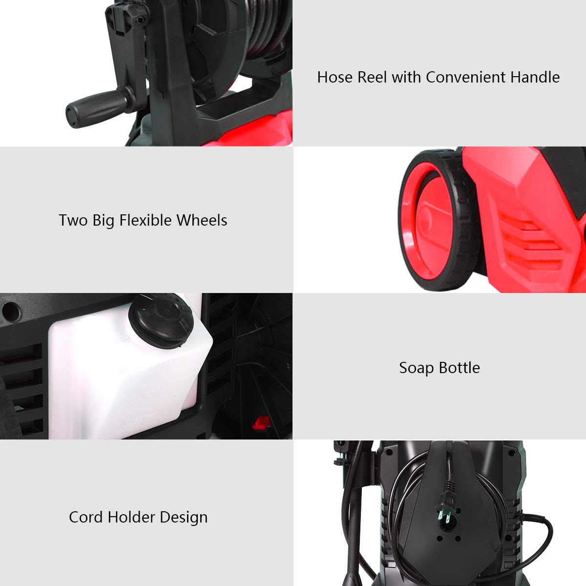 Goplus 3000PSI Electric Pressure Washer, Portable High Power Washer w/ 5 Nozzles, Hose Reel, Soap Bottle, 2 GPM 2000W (Red)