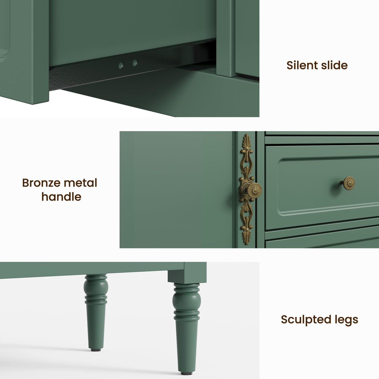 FansaFurn Green Storage Cabinet, Mid-Century Buffet Cabinet with 2 Doors & 3 Drawers, Accent Sideboard Cabinet with Adjustable Shelves & Turned Legs, Great for Entryway, Living Room, Dining Room