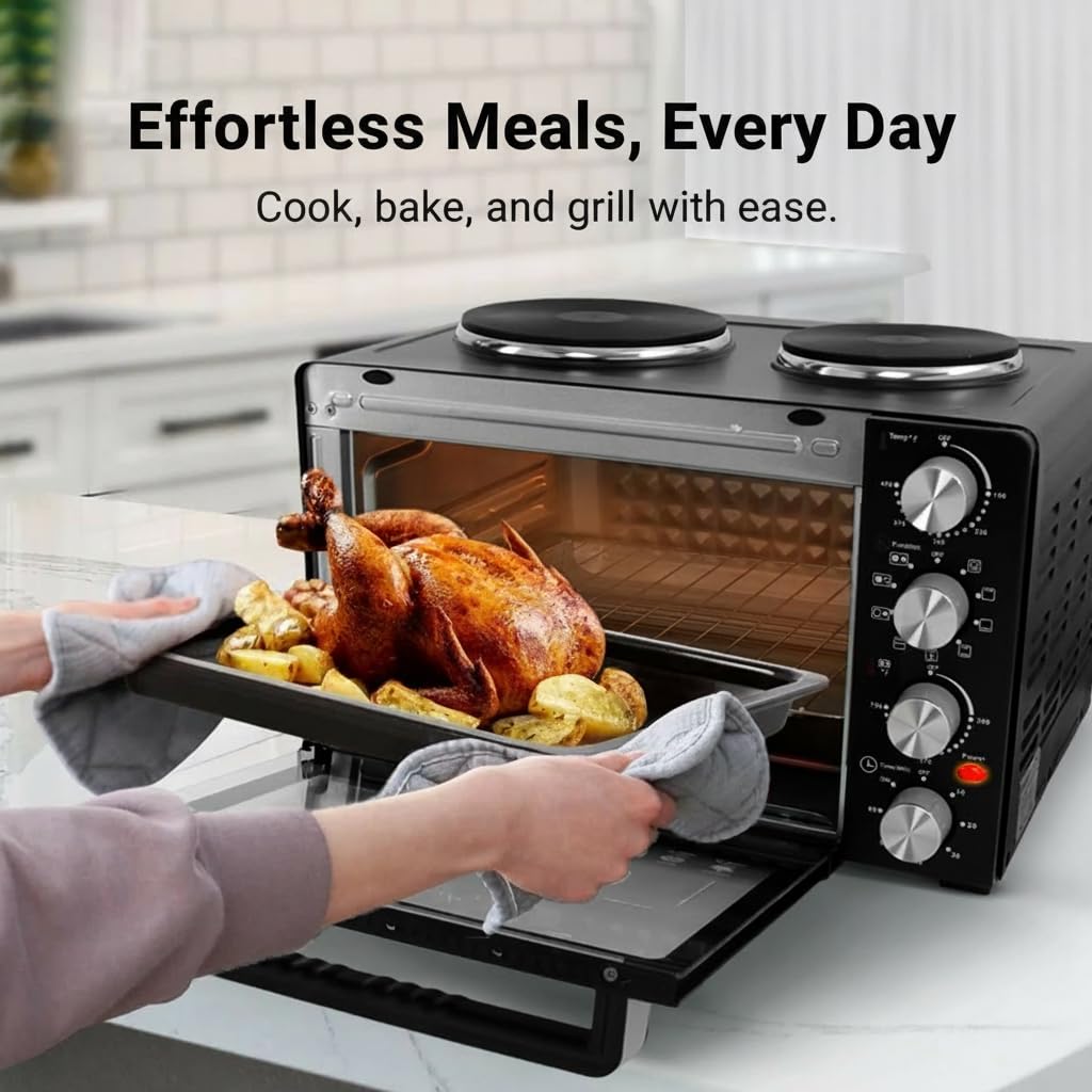 NutriChef 30 Quart Kitchen Convection Oven & 2 Burner Cooker - 1500 Watt Oven - 7 Cook Functions Rotisserie, Cook, Bake, Broil & More - Includes Baking Tray, Skewers & Handles - 19.6 x 16.0 x 13.5 IN