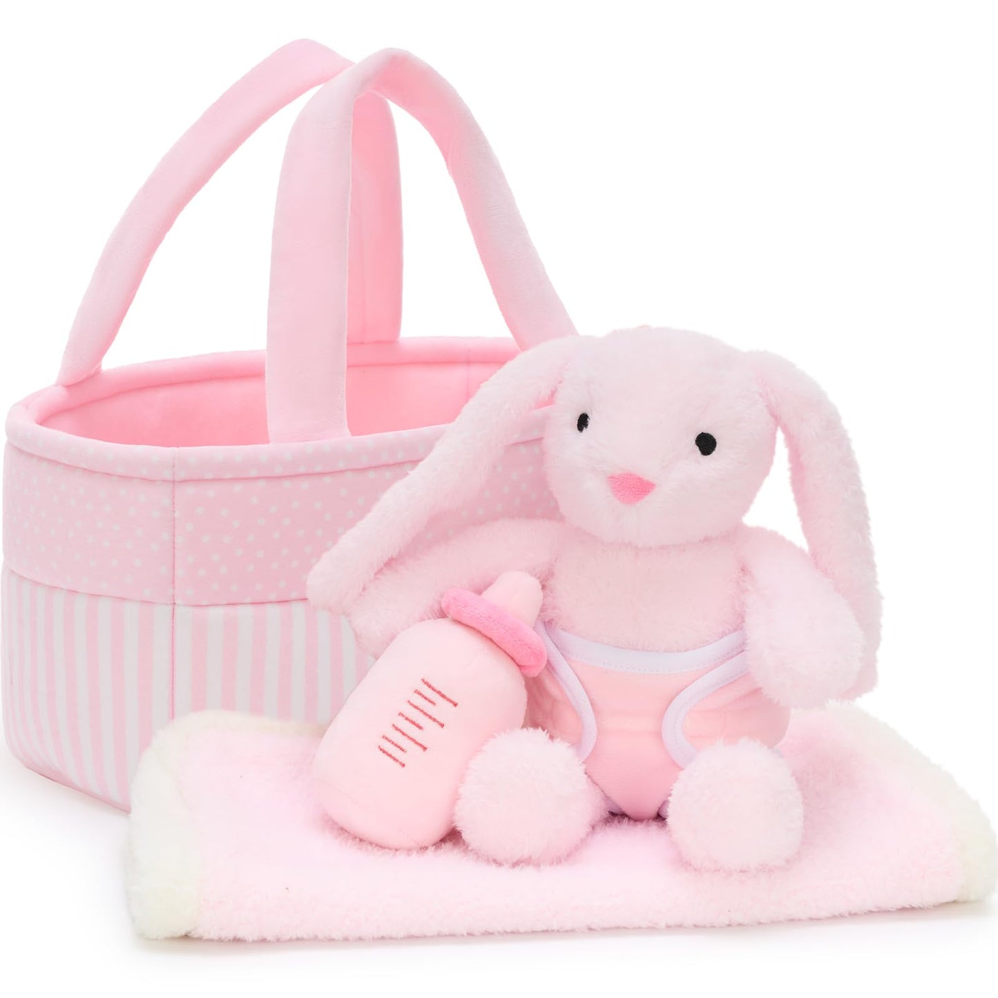 MaoGoLan 5pcs Baby Bunny Doll Set Bunny Plush Toys for Girls Kids, Pink Bunny Stuffed Animal with Doll Accessories (Bassinet/Diaper/Bottle/Blanket), Pretend Play Toys, Gift for Little Girls