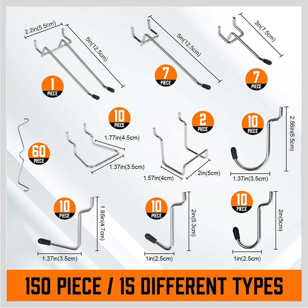 HORUSDY 150-Piece Pegboard Hooks Assortment, Pegboard Accessories with Pegboard Bins for Organizing Various Tools