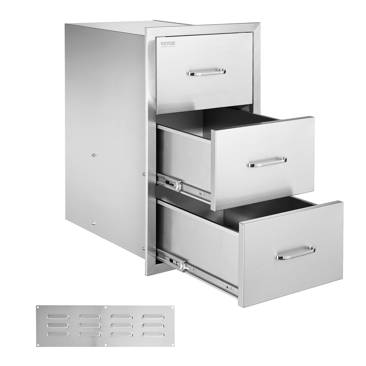 VEVOR Outdoor Kitchen Drawers, 16.5" W x 29" H x 20.5" D Triple Access Drawers, Stainless Steel Flush Mount Cabinets, BBQ Island Storage with Paper Towel Holder & Handle, for Patio Grill Station