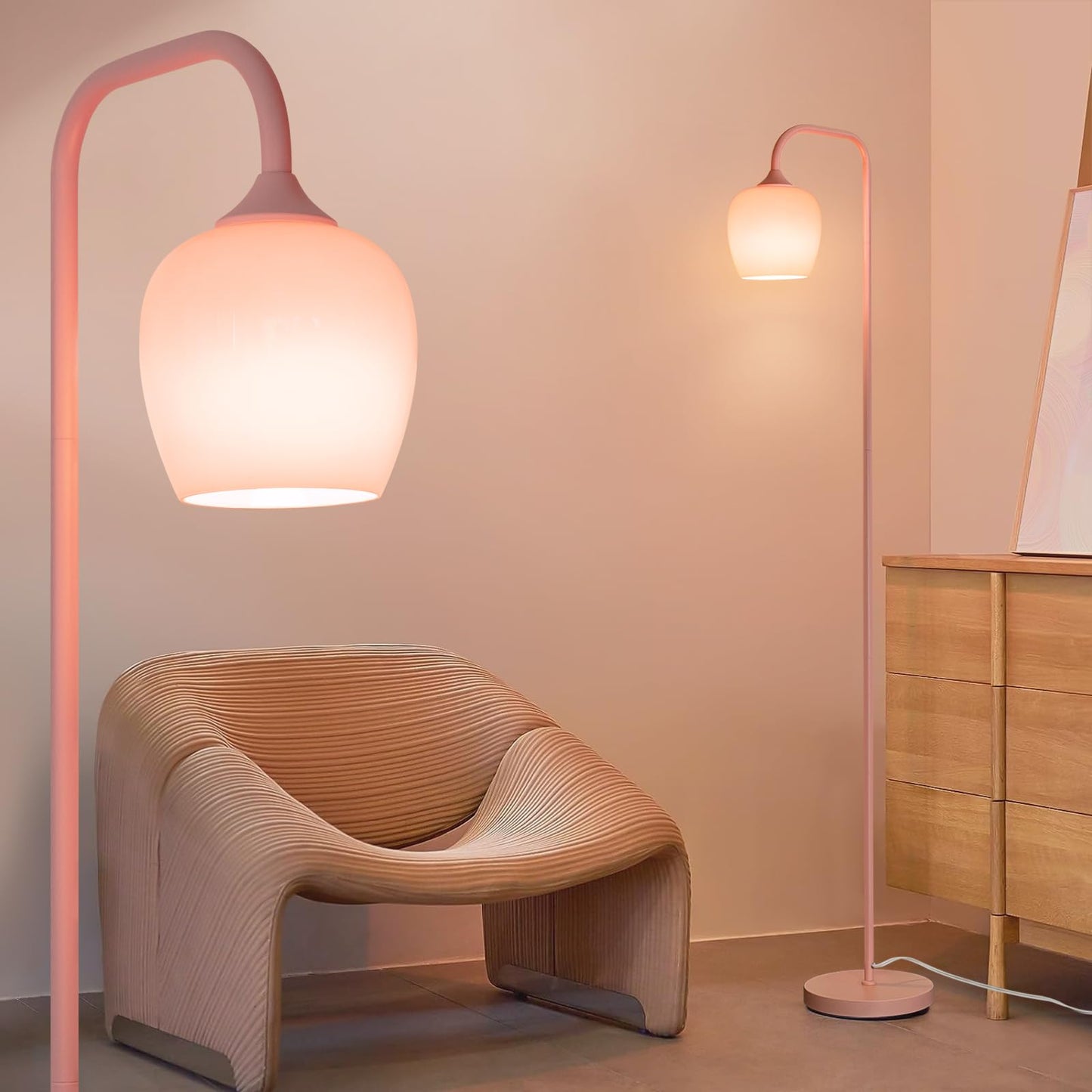 ONEWISH Pink Floor Lamp-Modern Standing Lamp for Living Room Bedroom, Glass Lamp Shade, LED Bulb Included, Cute Simple Design, for Girls Women