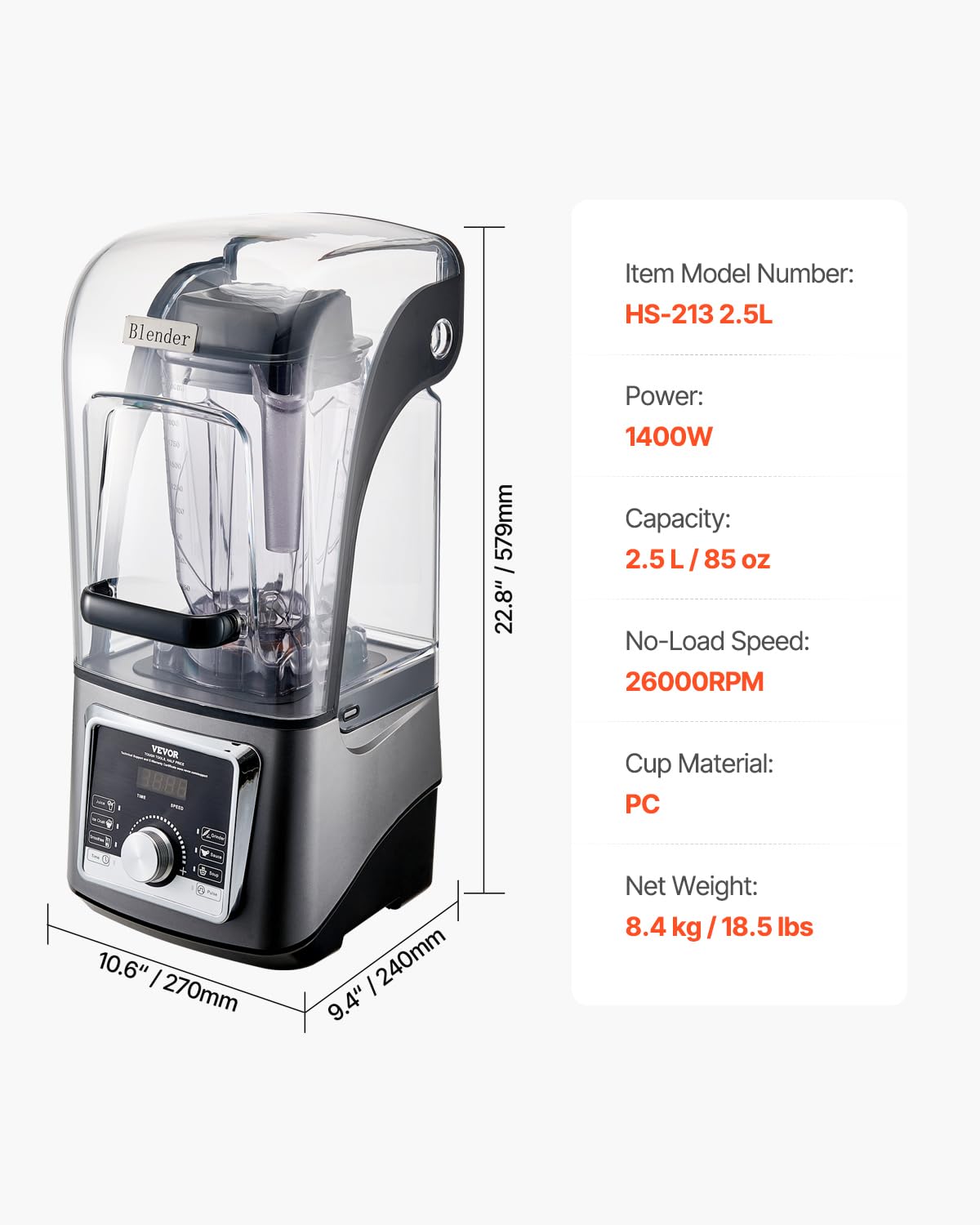 VEVOR Blender for Smoothies, 85 oz 1400W, Professional Blender with Powerful Motor, Multi-Functional Food Processing with Noise Cover for Smoothie/Milkshake/Juice, Fits for Kitchen