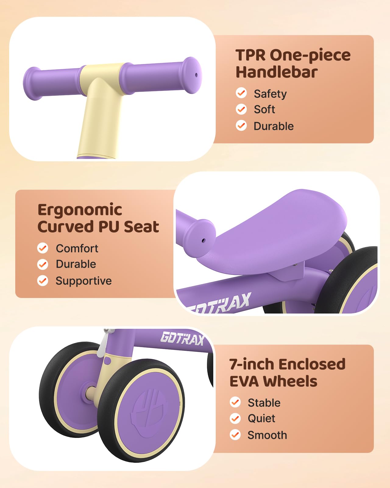 Gotrax Baby Balance Bike 1-2 Years, 7" Front&Rear Silent Wheels, Sturdy Steel Frame 66 lbs Load, Quick 2-Min Assembly, CPC Certified, Comfortable Soft Seat, Toddler Birthday Gift for Boys&Girls Purple