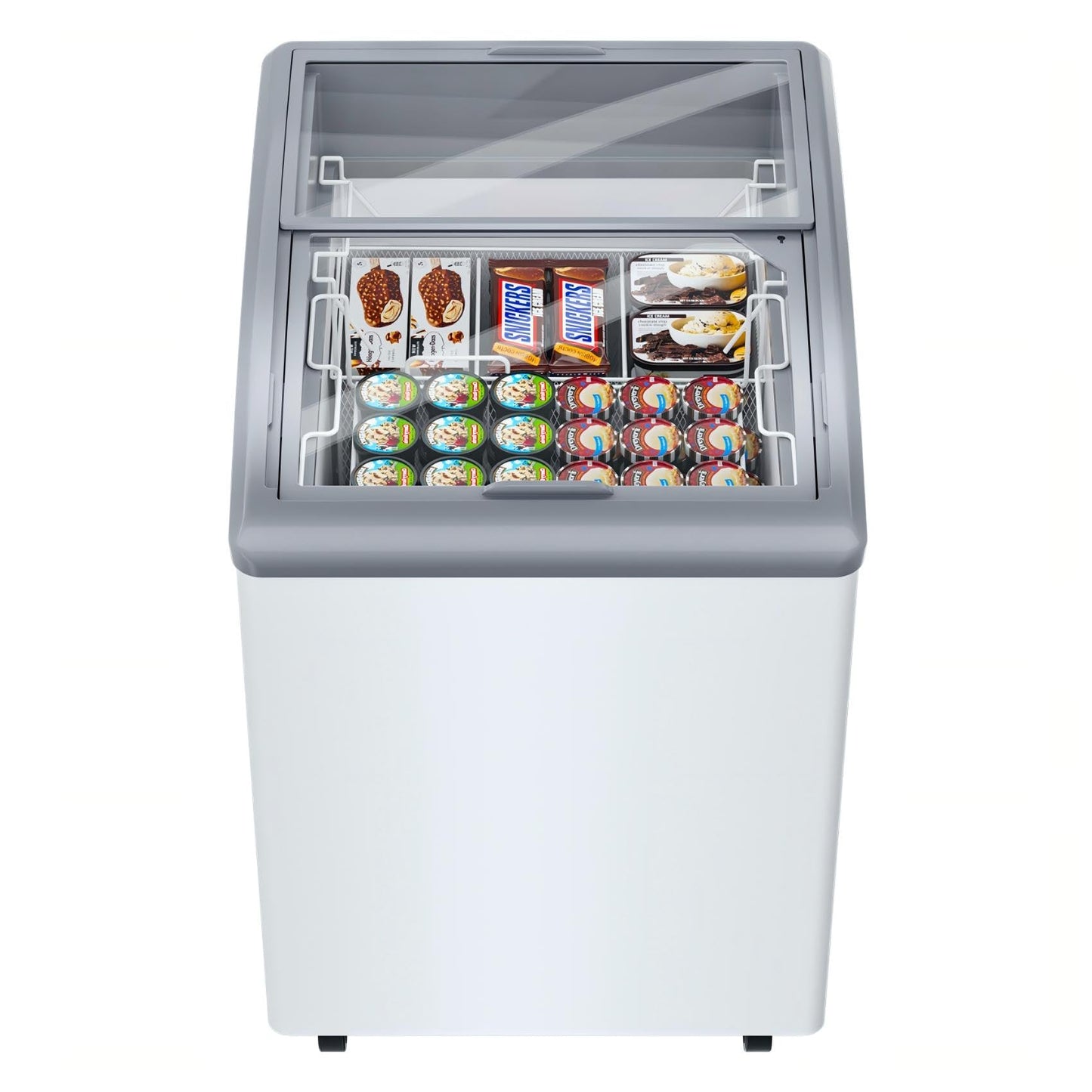 23 Inch Commercial Freezer Commercial Ice Cream Freezer Display Case with 2 Removable Wire Baskets & 2 Sliding Glass Doors - White Commercial Refrigerator for Shop Use 5.5Cu.Ft.
