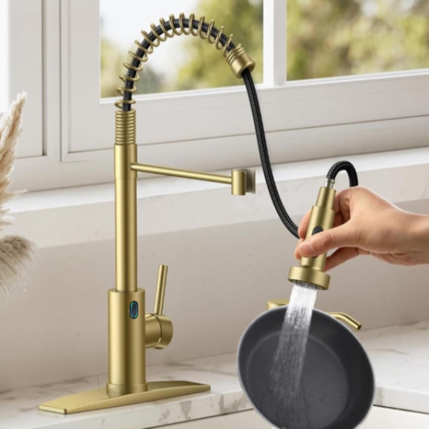 VIDEC Touch-Less Kitchen Faucet, 3 Modes Pull Down Sprayer, Sensor Activated, LED Temperature Control, 360-Degree Rotation, 1 or 3 Hole Deck Plate. 10-Year Warranty.(Matte Gold, KW-79J)