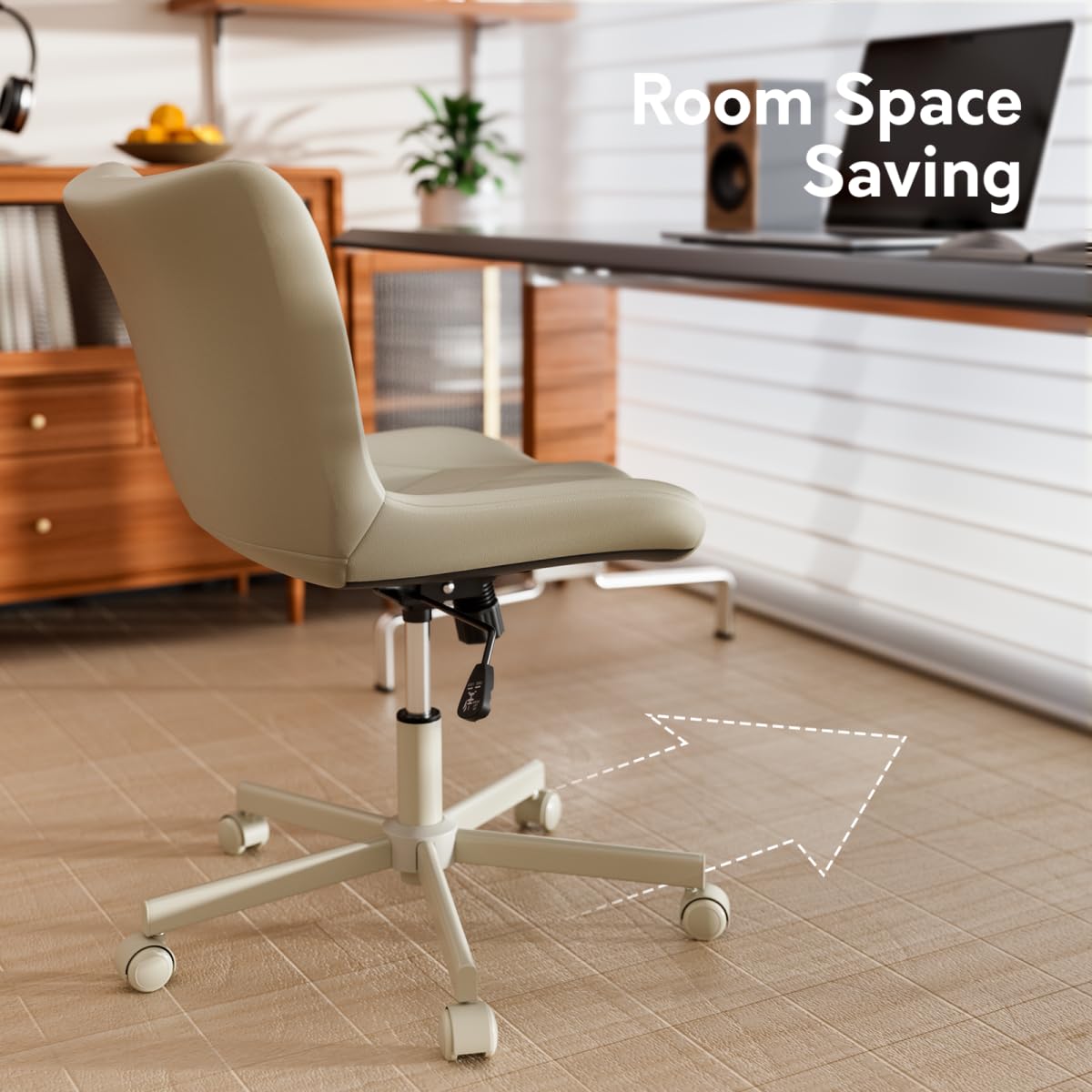 JULYMON Armless Desk Chair, Morden Home Office Chair no Arms, Adjustable Height & Rocking Computer Chair, PU Leather Vanity Chair, Ergonomic Seat Soft Padded Desk Chairs for Home Small Space, Beige