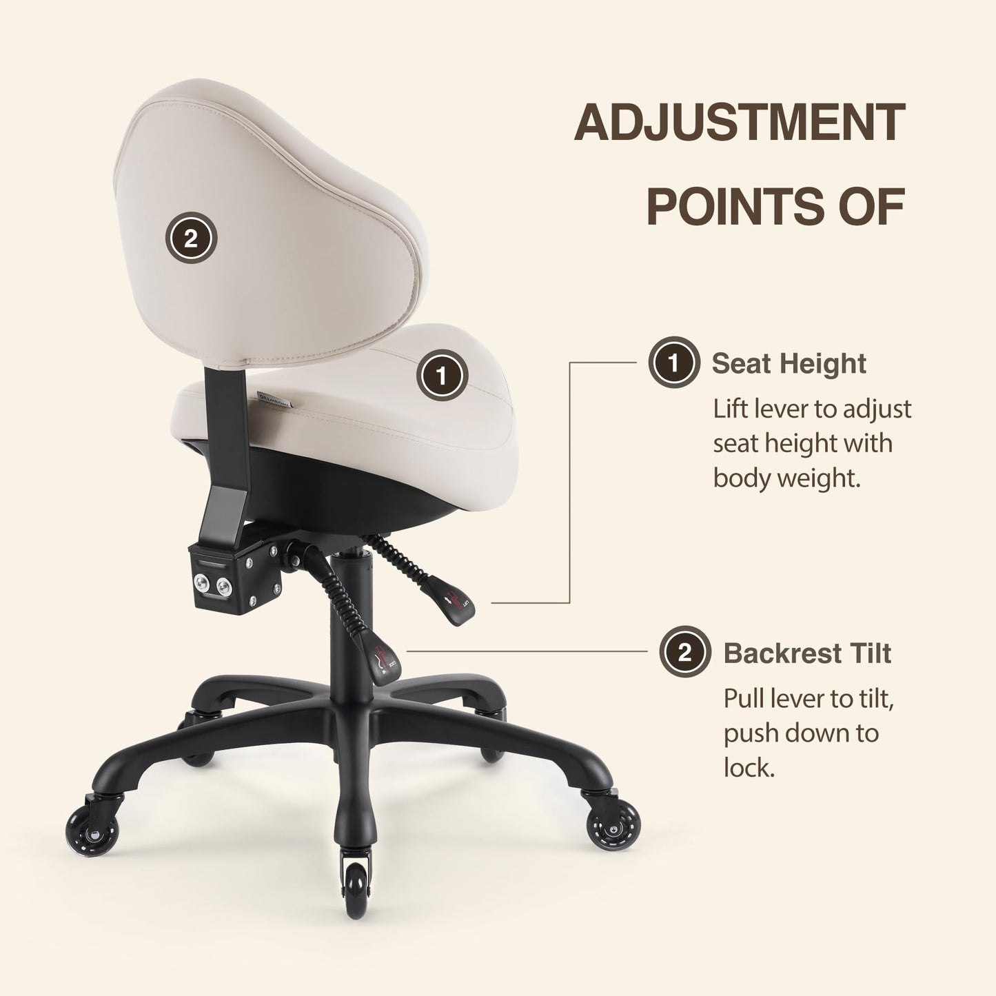 DR.LOMILOMI Pneumatic Swivel Rolling Saddle Chair with Wheels and Ergonomic Back Support for Hair Stylist, Dental Hygienist, Hygienic Clinic, Spa, Massage, Home, Office - 510 KOA (Vanilla, Standard)