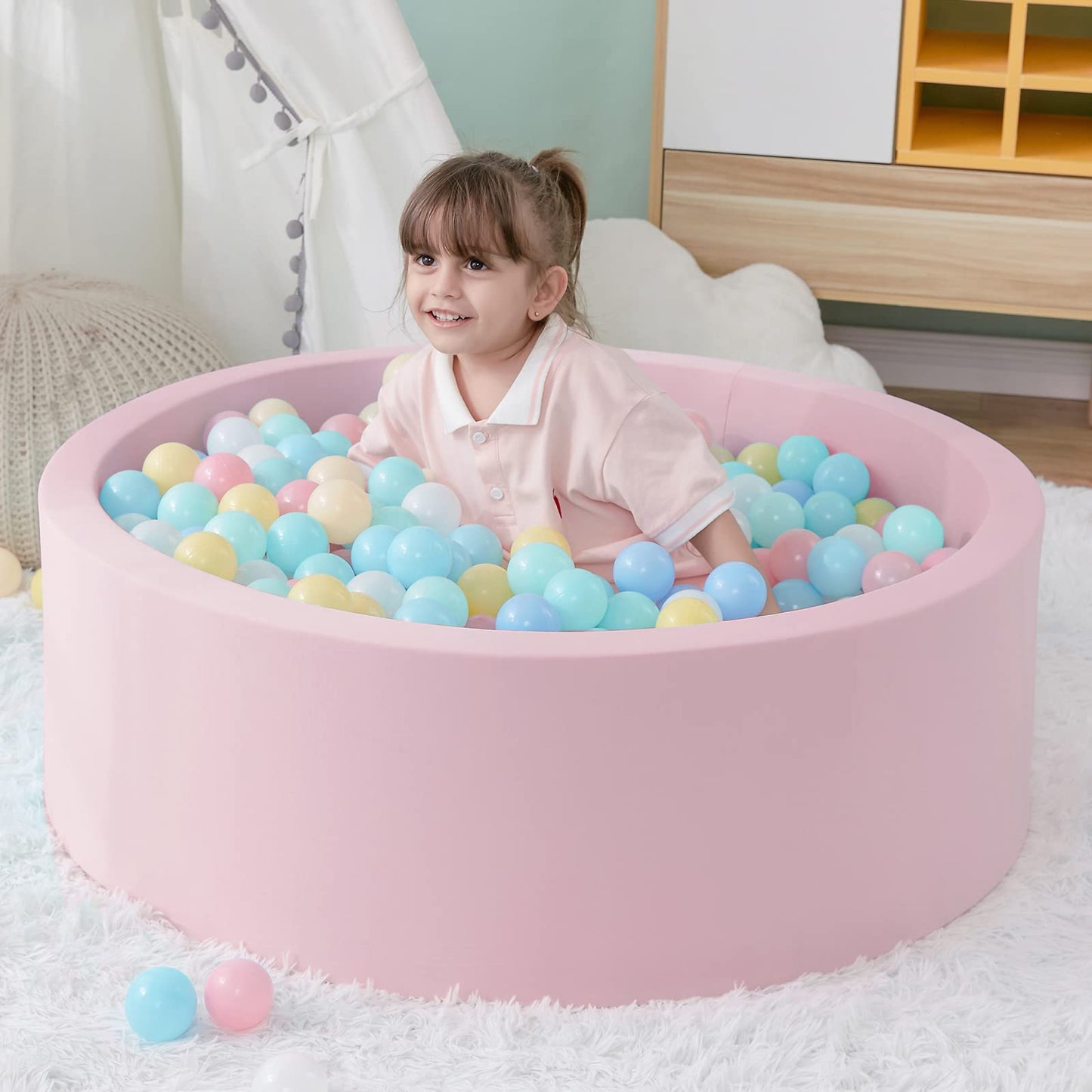 SHJADE Ball Pit for Toddlers, 35.4"x 11.8" Foam Ball Pits, Indoor Soft Round Baby Playpen for Children, Ideal Gift for Toddlers, Pink, (Balls not Included)