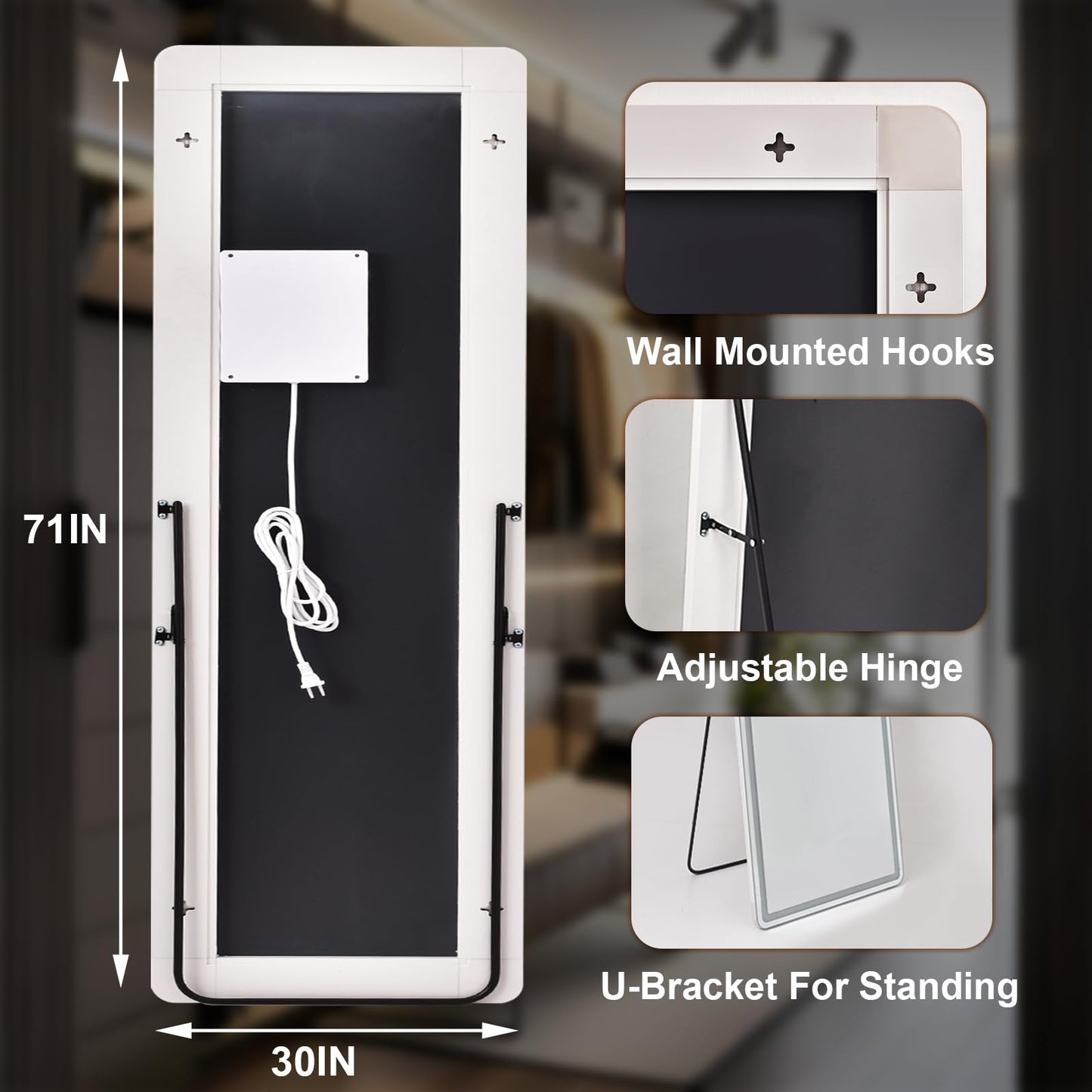 XRAMFY LED Rectangular Corner White Full Length Mirror - 30“ x 71” Brightness Adjustable, Touch Screen Control, Wall Mounted or Freestanding, for Bedroom Living Room Cloakroom Dressing Mirror