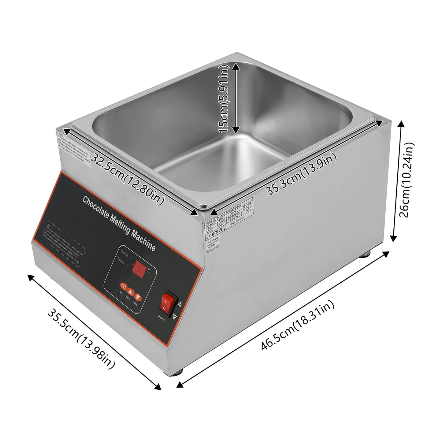 Professional Commercial Chocolate Tempering Machine 26.46 Lbs Single Tank Chocolate Melting Pot with Digital Temp Control 32~203°F, 110V 500W Electric Stainless Steel Chocolate Melter Food Warmer